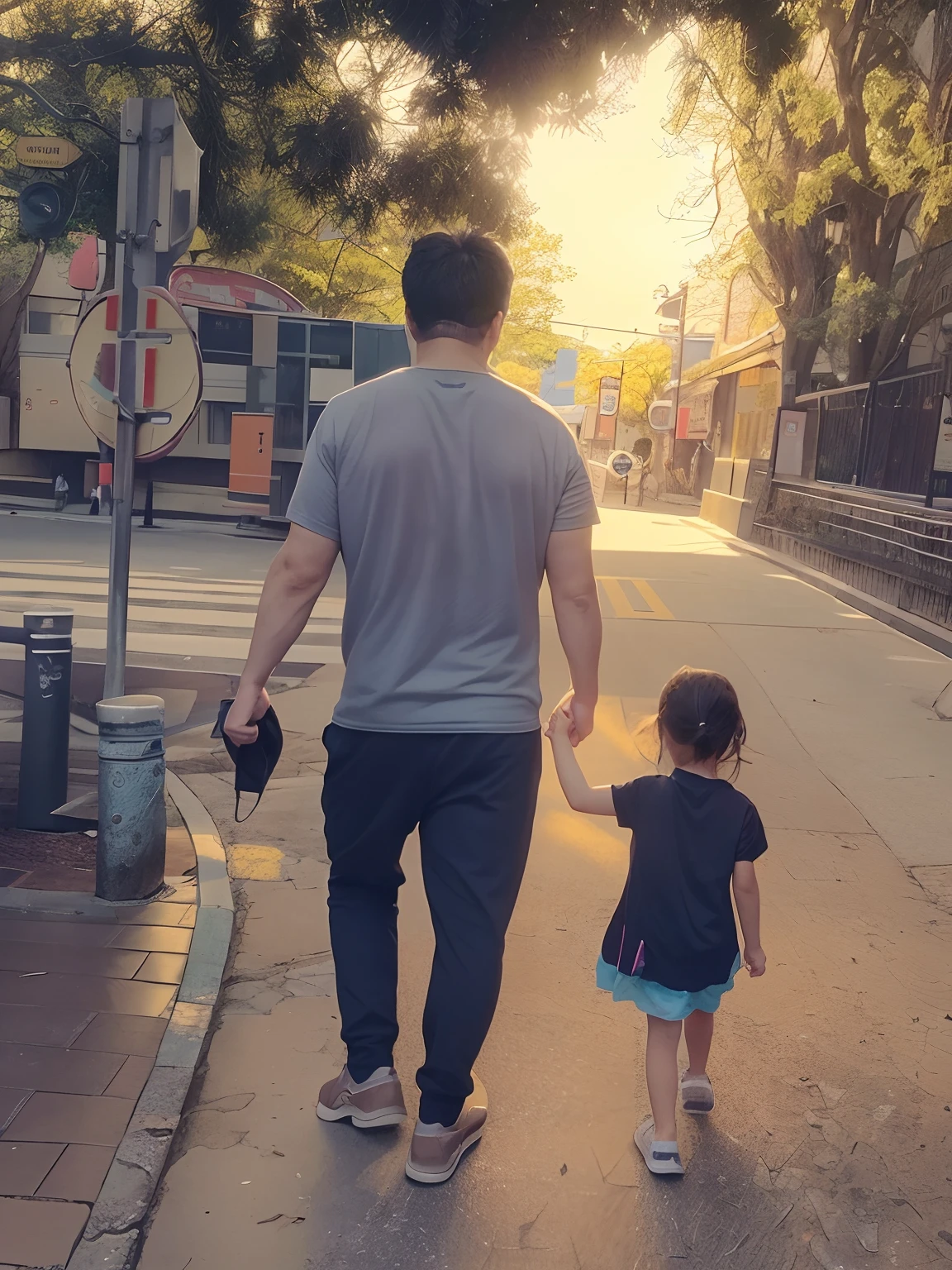 There was a man and a  girl walking down the street, with a child,ing together, father, Daddy/fatherly, father with child, fatherly, proudly walking down the street, Daddy, take hand, steve zheng, walking at the park, inspired by Ding Yunpeng, Holding hands, Nguyen Jia and Fenghua Jong anime style、
