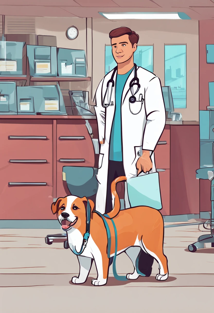 Young male veterinarian, Wearing a stethoscope around his neck, Staying at the veterinary clinic with cute dogs and cats, Like an animation.