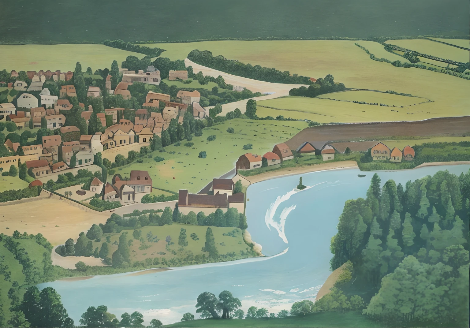 There is a painting，The painting shows a village running through a river, The distant village backdrops a forest