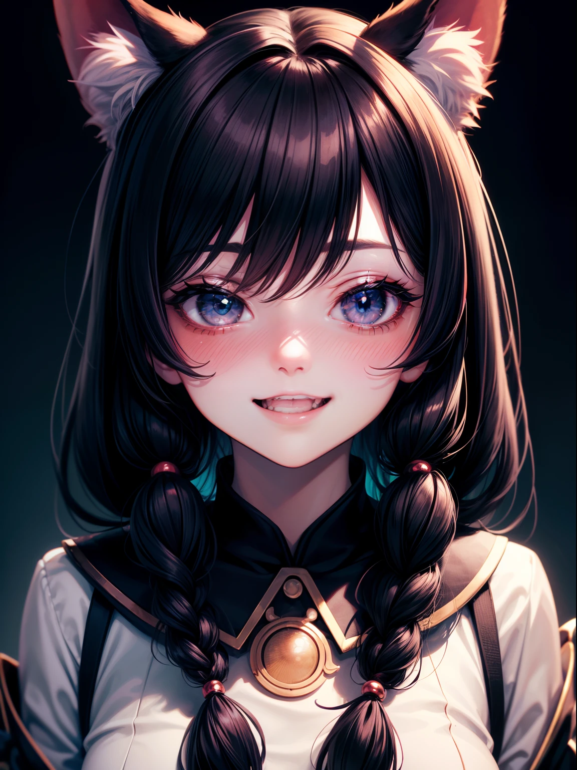 black hair, hair bobbles, wince, longeyelashes, solid circle eyes, fake animal ears, light smile, ear blush, fang, Surrealism, drop shadow, anaglyph, stereogram, tachi-e, pov, atmospheric perspective, 8k, super detail, ccurate, best quality