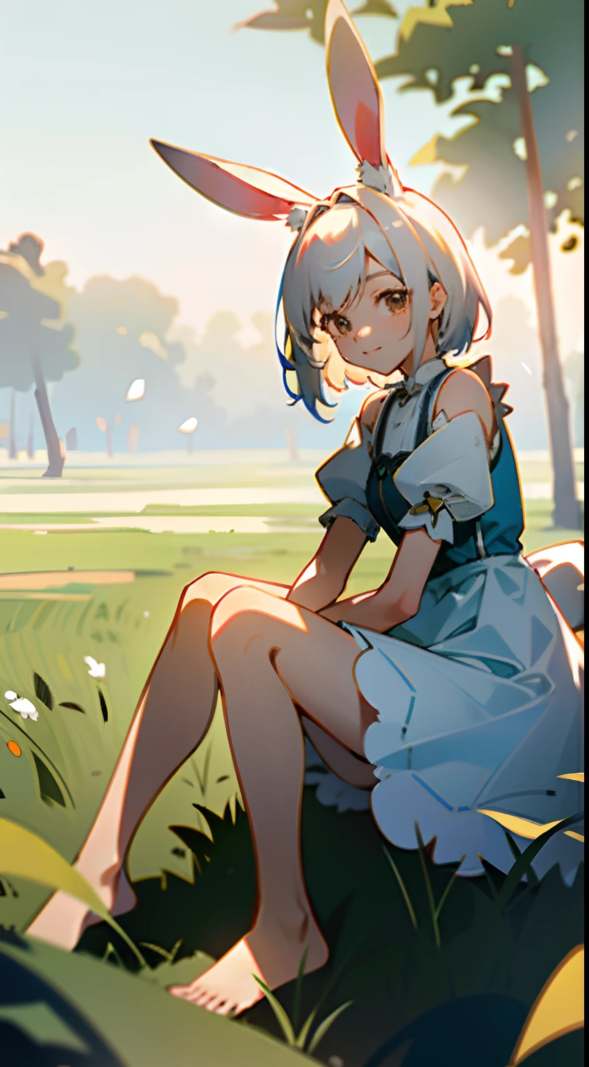 ((Masterpiece,Best quality)),1girll, Solo, Animal ears, Rabbit, Barefoot, Knees up, dress, Sitting, Rabbit ears, Short sleeves, view the viewer, Grass, Short hair, Smile, White hair, Puffy sleeves, Outdoors, puffy short sleeves, bangs, on ground, full body, Animal, White dress, Sunlight, Brown eyes, Dappled sunlight, day, Depth of field