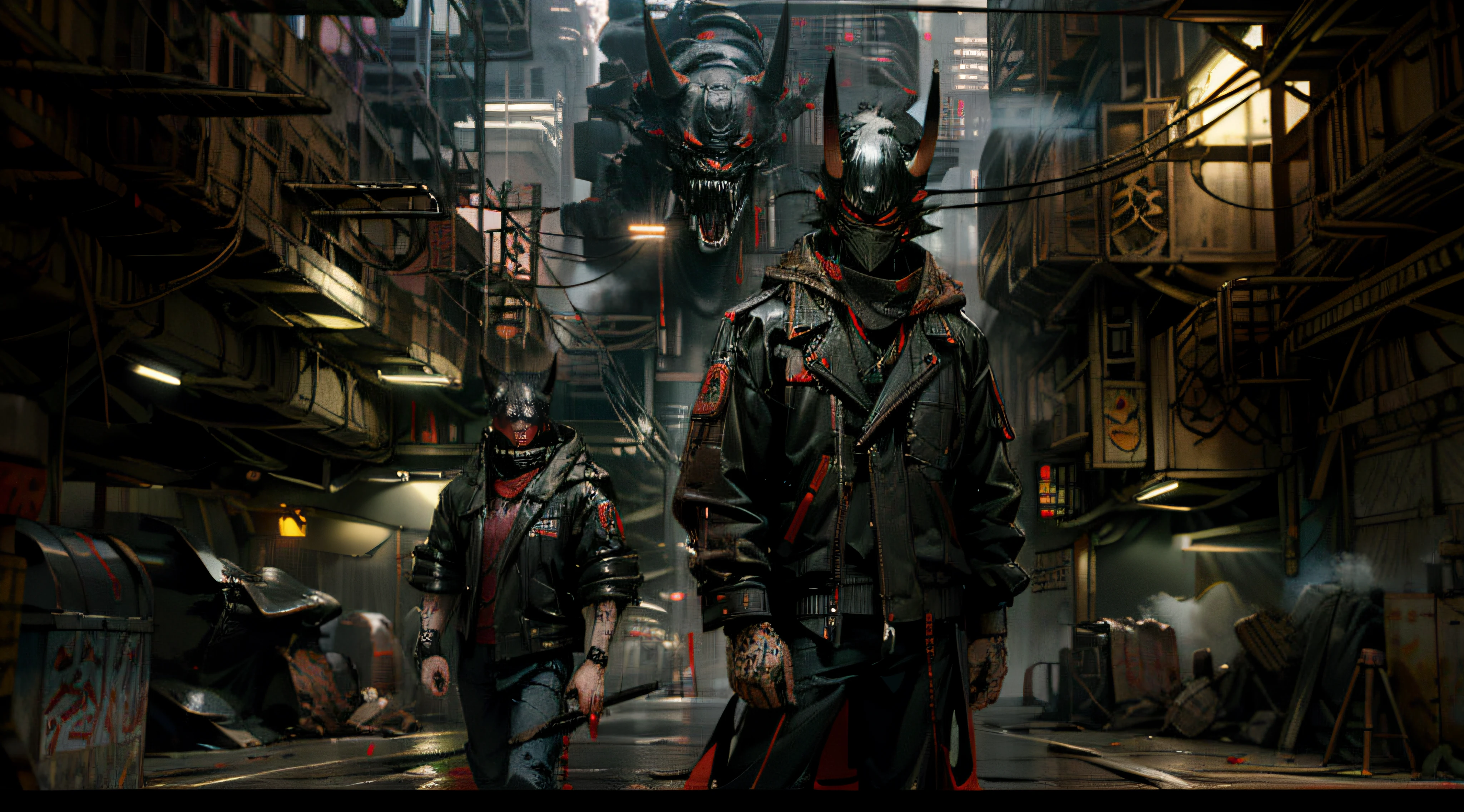 Close-up shot: A mysterious figure in a long black jacket, wearing an oni mask and holding a vape, stands on a foggy cyberpunk city street, exuding a gritty atmosphere.