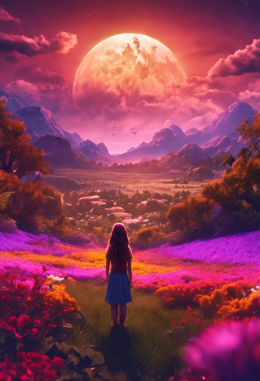 A wide landscape photo, (viewed from below, the sky is above, and the open field is below), a girl standing on a flower field looking up, (full moon: 1.2), (meteor: 0.9), (nebula: 1.3), distant mountains , Trees BREAK Crafting Art, (Warm Light: 1.2), (Firefly: 1.2), Lights, Lots of Purple and Orange, Intricate Details, Volumetric Lighting BREAK (Masterpiece: 1.2), (Best Quality), 4k, Ultra Detailed, (Dynamic Composition: 1.4), Rich in Detail and Color, (Rainbow Color: 1.2), (Glow, Atmospheric Lighting), Dreamy, Magical, (Solo: 1.2)