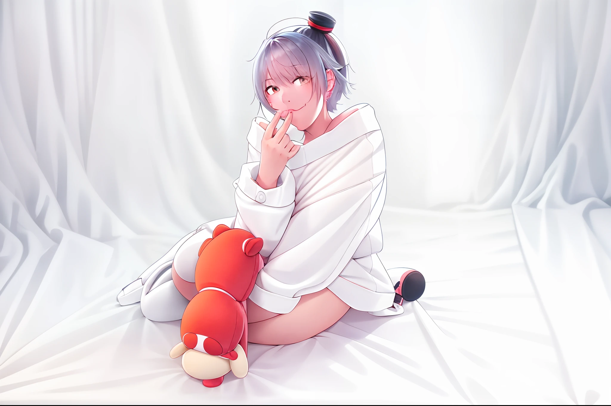 there is a woman sitting on a bed with a stuffed animal, plushie photography, taken with canon eos 5 d mark iv, taken with canon 8 0 d, taken with canon eos 5 d, solo photoshoot, various poses shooting photos, taken with sony alpha 9, photoshoot, white background : 3, taken with a canon eos 5 d