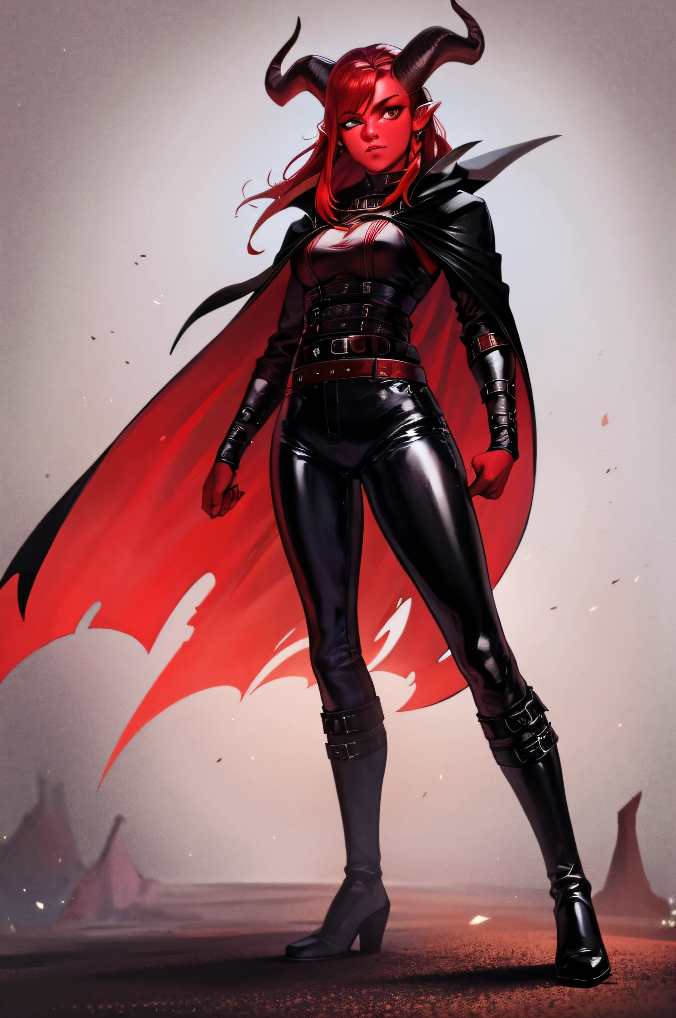 Tiefling, red skin, ginger hair, two horns, girl, black cape, fantasy, black leather pants