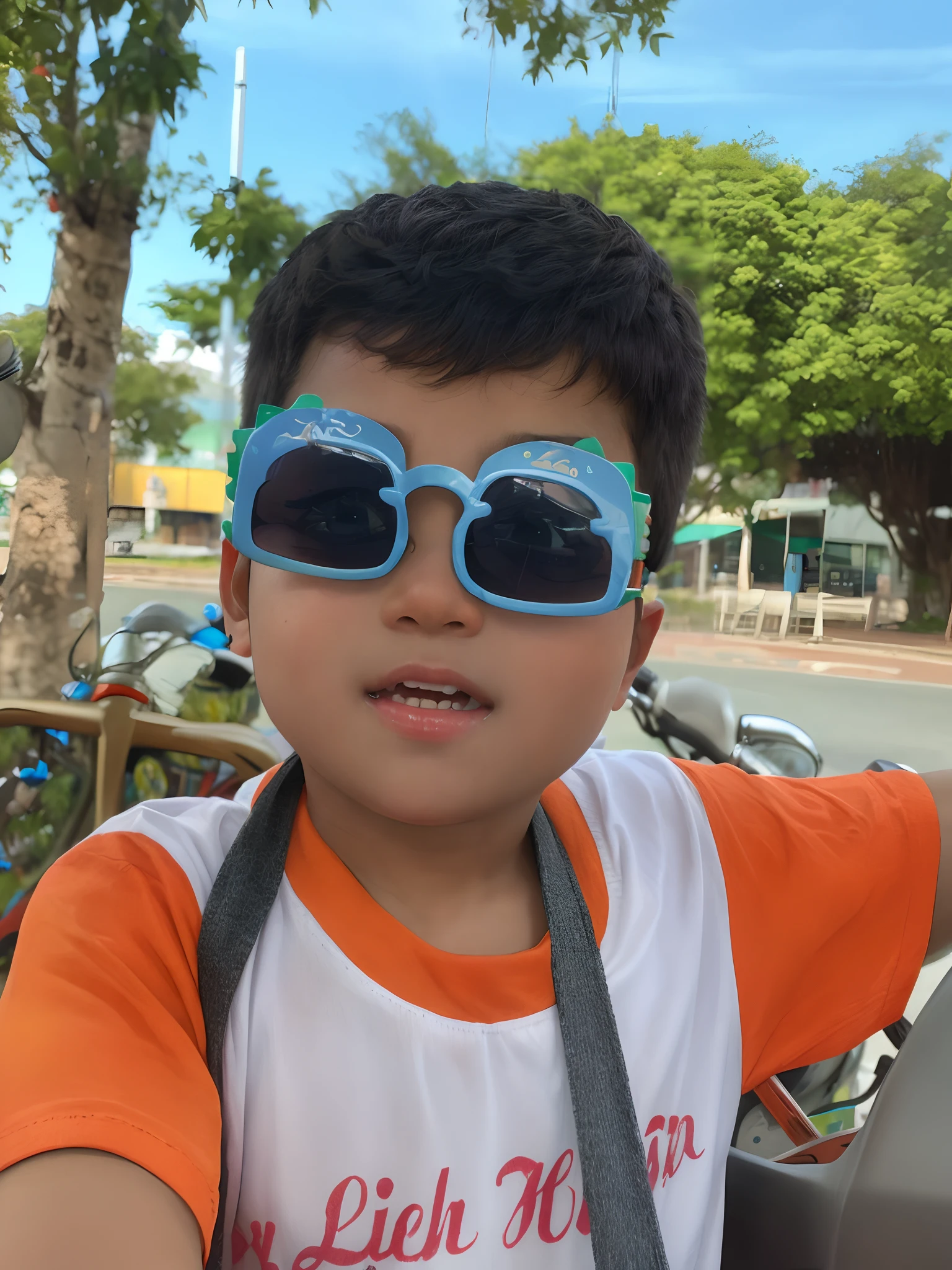 there is a young boy wearing sunglasses and a tie on a motorcycle, wearing cool sunglasses, with sunglass, kid, nivanh chanthara, wearing blue sunglasses, inspired by Abidin Dino, thawan duchanee, funny sunglasses, wearing sunglasses, ruan cute vtuber, in sun glasses, sun glasses, with sunglasses