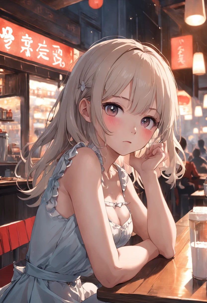 中景 the scene is，A 14-year-old girl sits in a café，adolable，big breasts beautiful，The face is delicate，White skin，By bangs，long eyelasher，Blushlush，eyeline，Redlip，The expression is shy，Tears in the eyes，ssmile，Perspectiva subjetiva，flatchest，being thin，cropped shoulders，shift dresses，Poor chest，胸A cup，hair messy