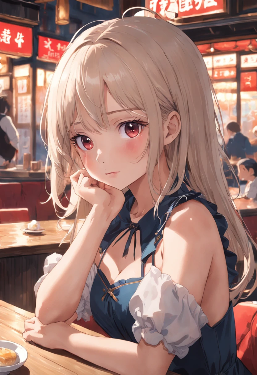 中景 the scene is,A -yeld gisits in a café,adolable,big breasts beautiful,The face is delicate,White skin,By bangs,long eyelasher,Blushlush,eyeline,Redlip,The expression is shy,Tears in the eyes,ssmile,Perspectiva subjetiva,flatchest,being thin,cropped shoulders,shift dresses,Poor chest,胸A cup,hair messy
