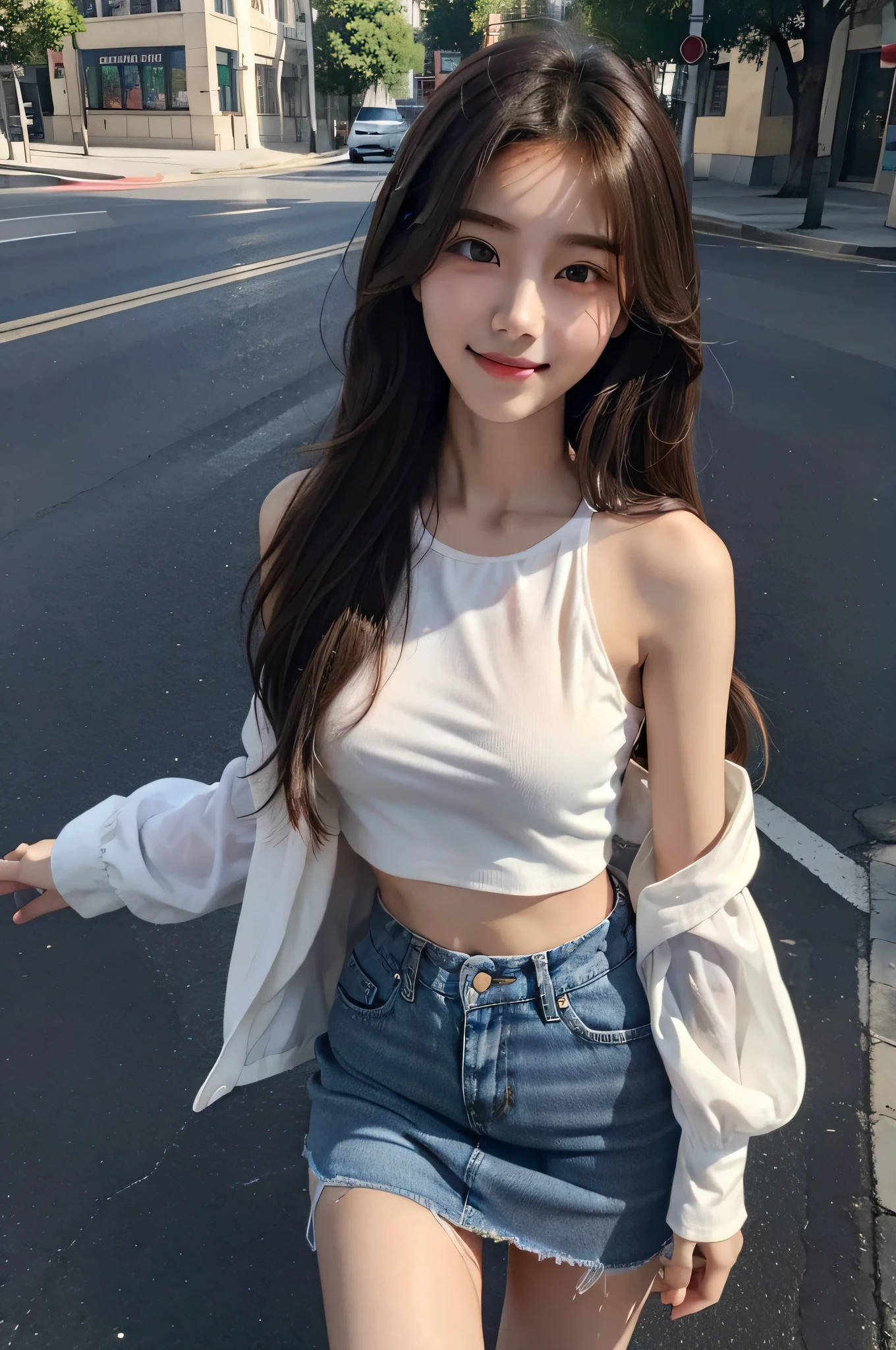 top-quality、超A high resolution、(Photorealsitic:1.4)、(Ulzzang-6500:0.4)、Beautuful Women、韓国アイドル、18yr old、long whitr hair、Light brown hair、Clean wavy hairstyle、small tits、Very small breasts、Realistic eyes, Elongated narrow eyes、Beautiful eyes、A smile、croptop、vests、Wear a transparent shirt、A miniskirt、In the street、squatt、Slender、slenderness、Slim body lines、Shot diagonally from above
