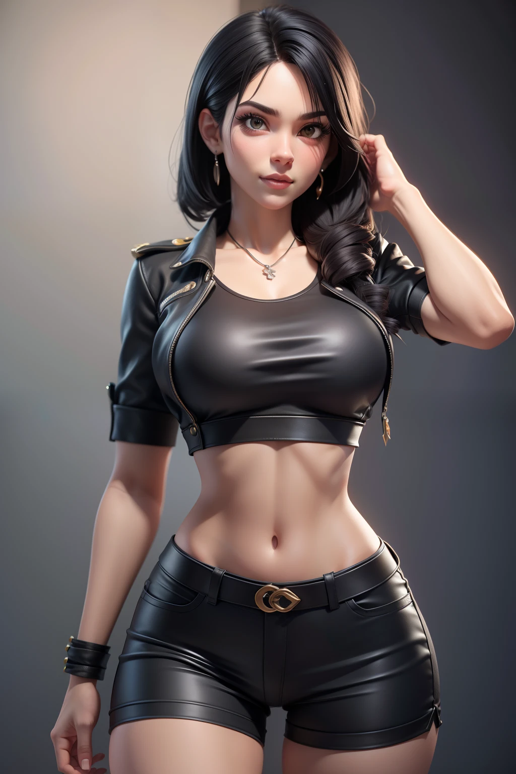 obra-prima, melhor qualidade, trabalho de rending 3d, estilo 3DMM, close-up, retrato, 3D, 1girl, 1girl, solo, linda militar ajoelhada de quatro de costas para o espectador, no campo de batalha, cansada, corpo muito sujo, suja de poeira, shorts curto feminino, com as roupas rasgadas, retalhos de roupa, suor, corpo suado, gotas de suor pelo corpo, pelos pubianos a mostra, solas sujas, cabelo preto longo, de costas, cabelo preto, realista, Tifa lockhart, (seios enormes: 1.5).