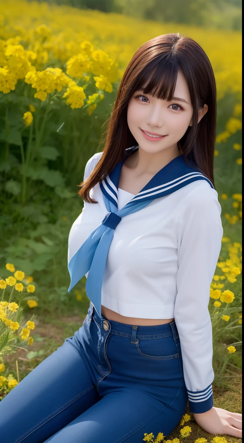 A smiling girl，Wear a tight sailor suit，denim pant，Lying on a large mossy rock in the middle of a field of rape flowers，com rosto detalhado，The eyes are delicate，The photo quality is the best，Realistic image quality，Background diffuse lighting，Depth of field display。