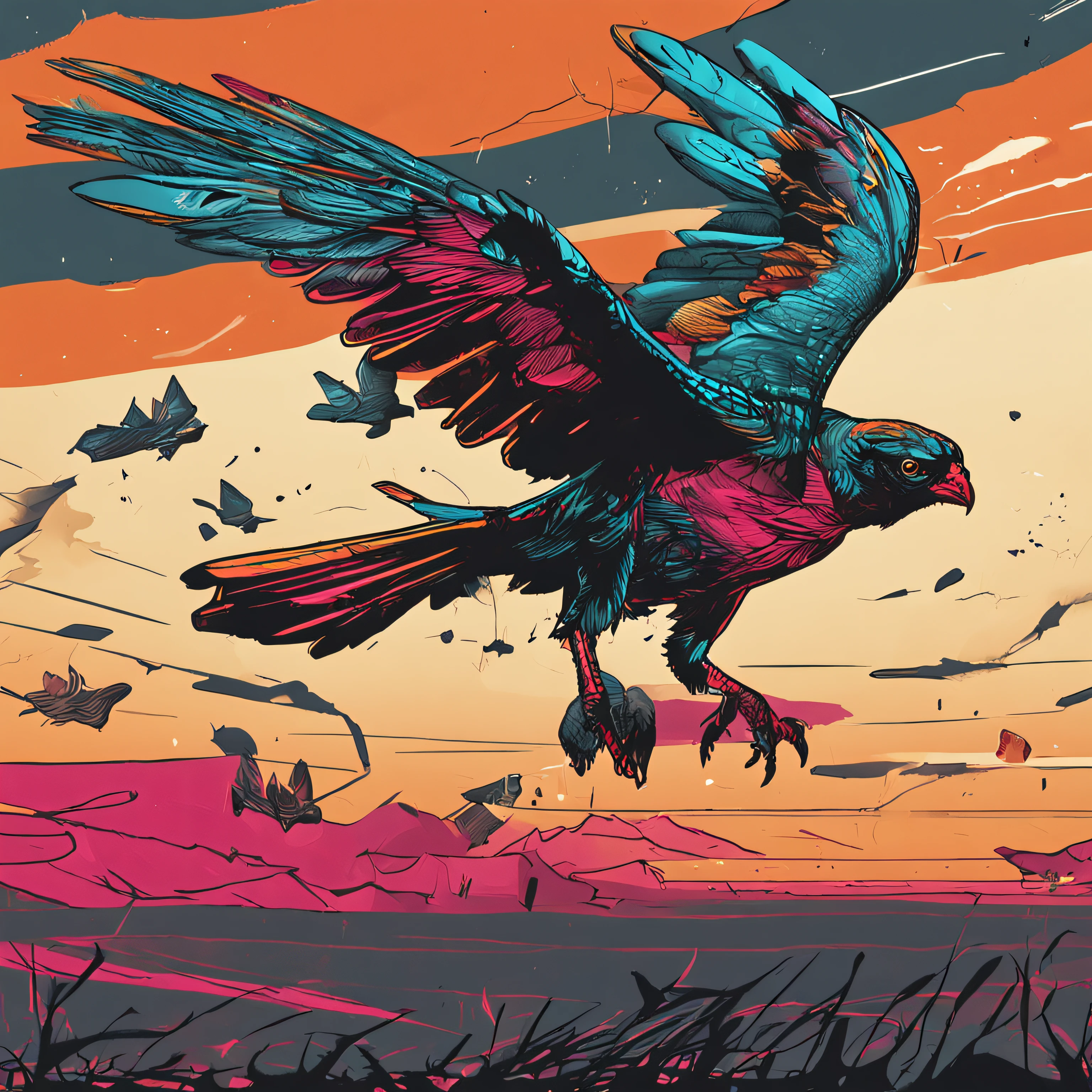 A close-up of a bird flying through the air with a fire in the background, eery, Portada detallada, Ilustraciones oficiales, energy,Evil, Perennifolio, Arte Emergencia, Arte clave.