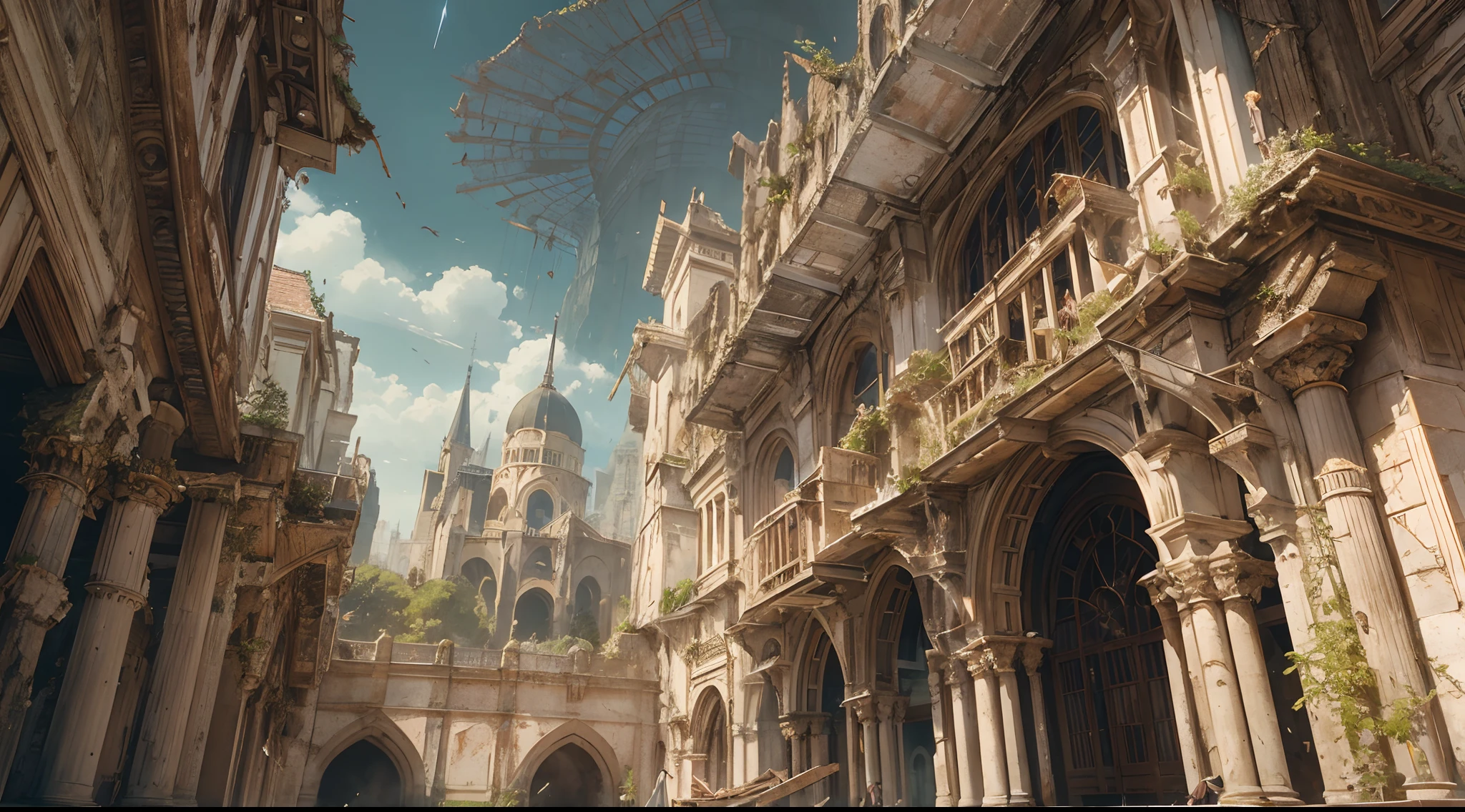 "(by Greg Rutkowski: 1.2), (masterpiece), (best quality), extremely delicate and beautiful, illustration, (fantasy landscape), depth of field, HDR, intricate, delicate, (No human presence), photorealistic depiction, live action feel, creating a visual masterpiece with the best possible quality. Highlighting the fantastic elements of baroque architecture in a medieval city, focusing on a tower in ruins, emphasizing the effects of collapse and severe weathering. Providing a distant view that captures the grandeur and atmosphere."