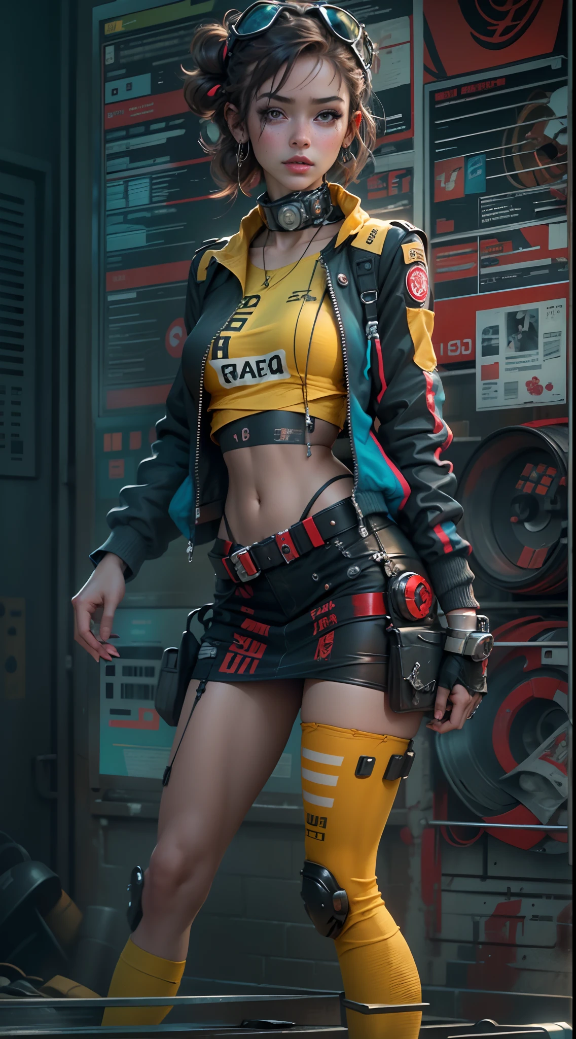 motor irreal:1.4,CG ultra realista 64K, fotorrealista:1.4, textura de la piel:1.4, obra maestra:1.4,Hermosa mujer con lingeries babydoll、Ropa corta estilo cyberpunk color amarillo, pantimedias red , mini skirt blue,