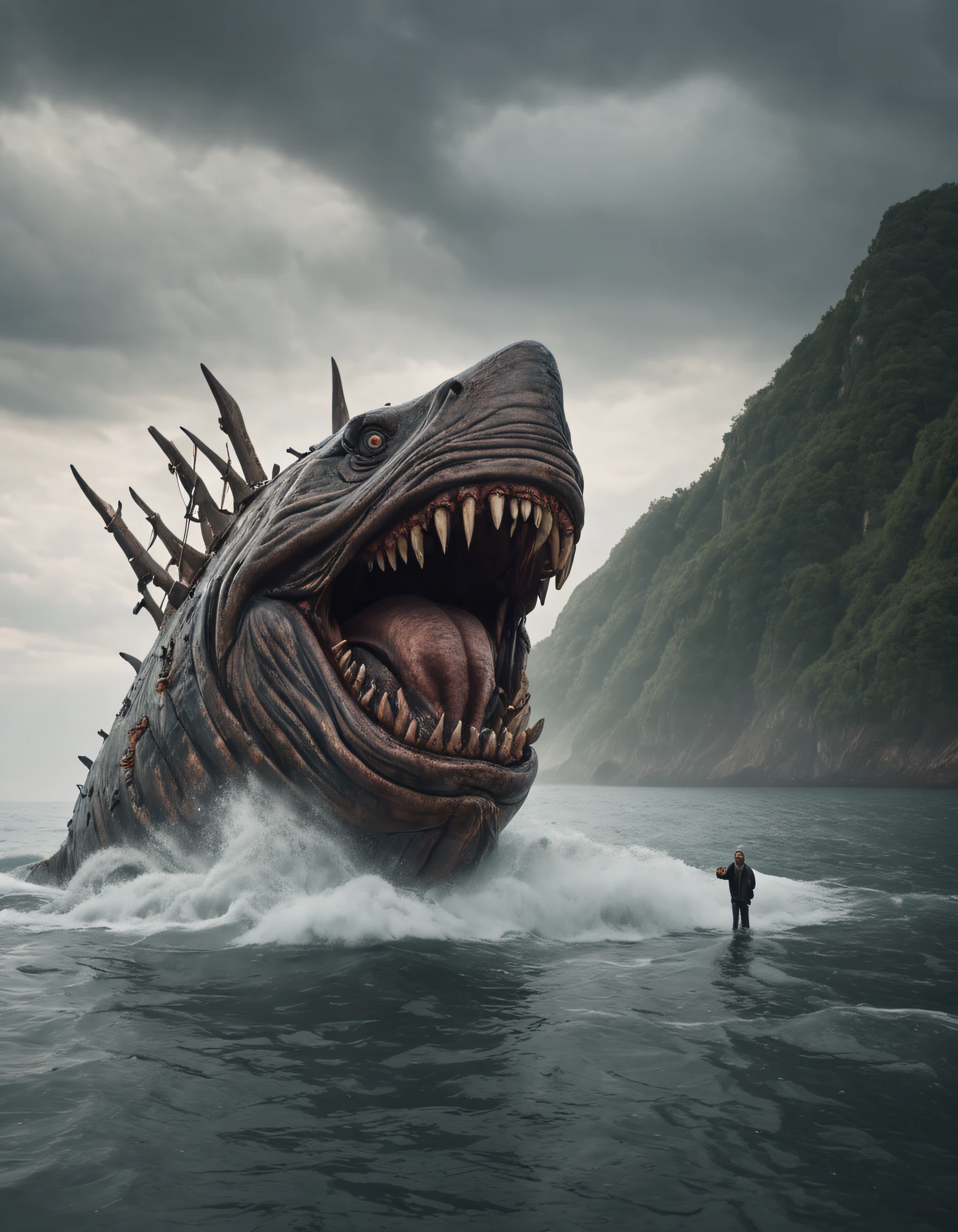 ugly monster, Body shape huge, standing in ocean, tosen, There is a small fishing boat around, A grand spectacle, Oppressive atmosphere, surrealism, Chiaroscuro, Cinematic lighting, Wide shot, Masterpiece, ccurate, Anatomically correct, Super detail, High details, Best quality