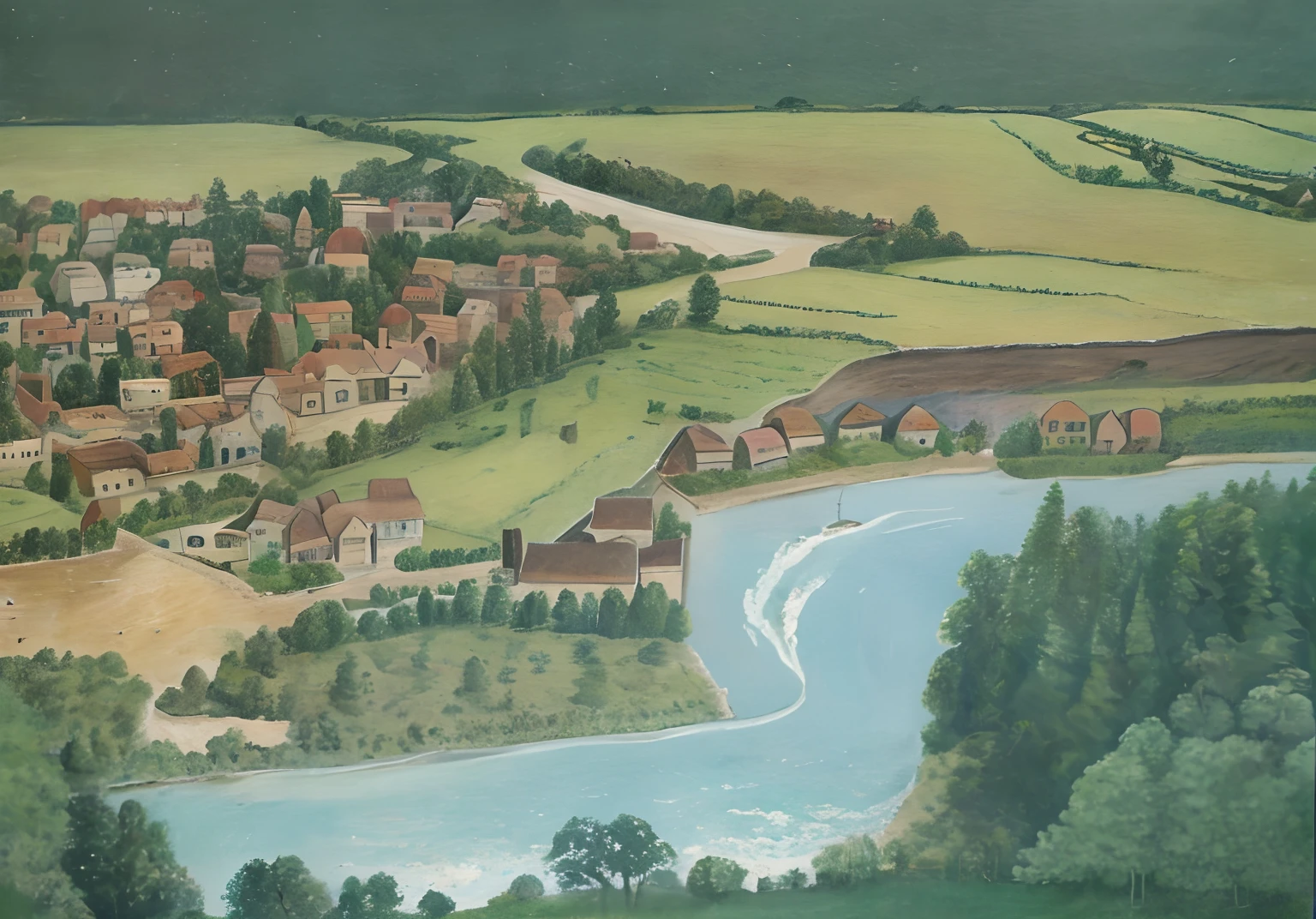 There is a painting,The painting depicts a village crossing a river, The village in the distance is set against a forest