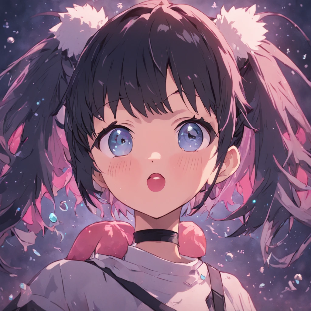 black hair, hair bobbles, wince, longeyelashes, solid circle eyes, fake animal ears, light smile, ear blush, fang, Surrealism, drop shadow, anaglyph, stereogram, tachi-e, pov, atmospheric perspective, 8k, super detail, ccurate, best quality, UHD