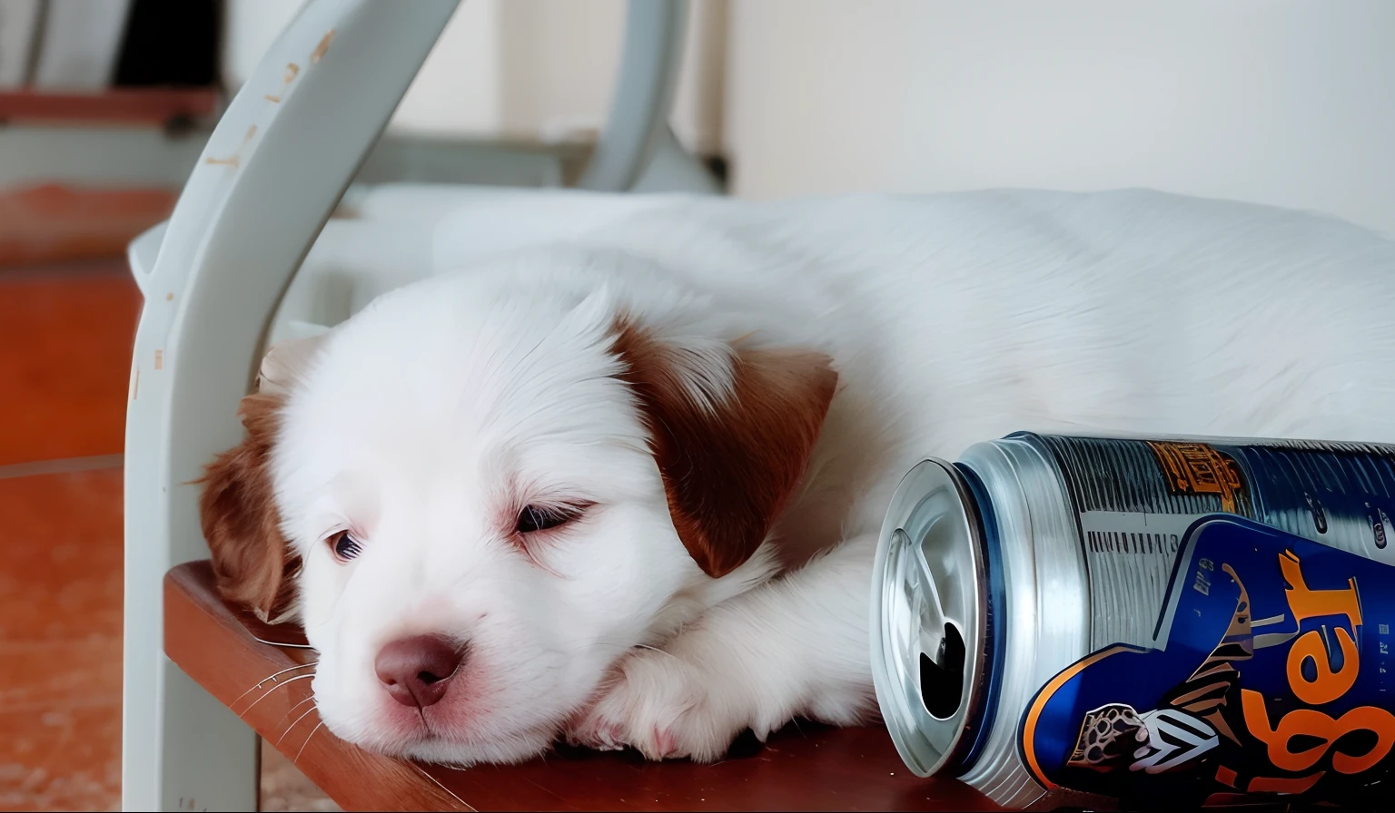 puppy laying on a chair next to a can of soda, tired and drunk, very thirsty, cute furry needs your help, absolutely outstanding image, puppy, ultra realistic picture, hyperrealistic picture, incredibly cute, can, with cute doting eyes, just a cute little thing, resting on a tough day, white male, 35mm of a very cute, passed out