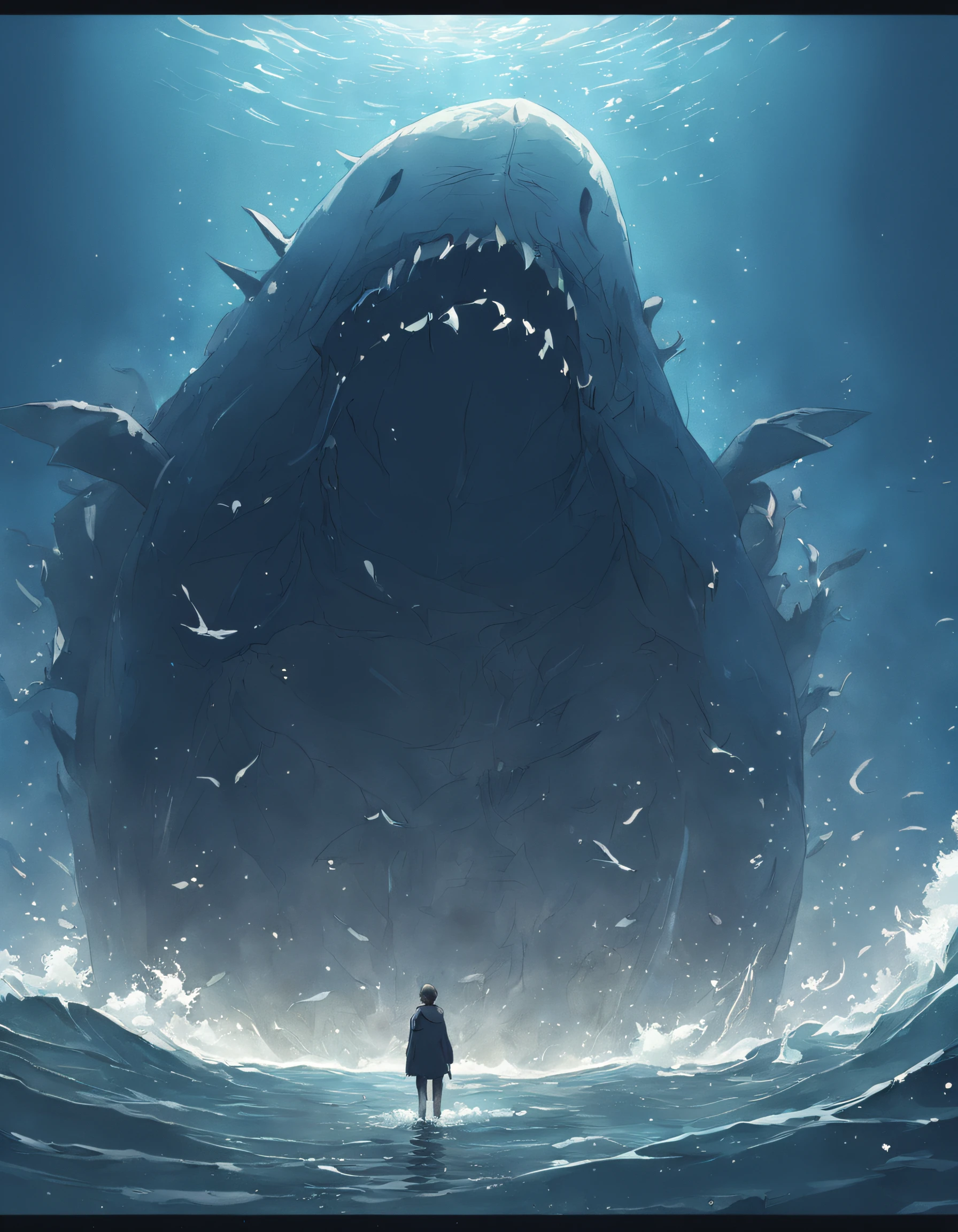 ugly monster, Body shape huge, standing in ocean, tosen, There is a small fishing boat around, A grand spectacle, Oppressive atmosphere, surrealism, Chiaroscuro, Cinematic lighting, Wide shot, Masterpiece, ccurate, Anatomically correct, Super detail, High details, Best quality