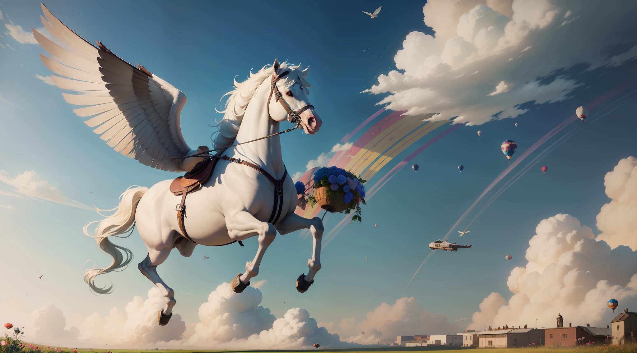 Flowers are flying,The brush is flying,There are hot air balloons pulling the city in the sky