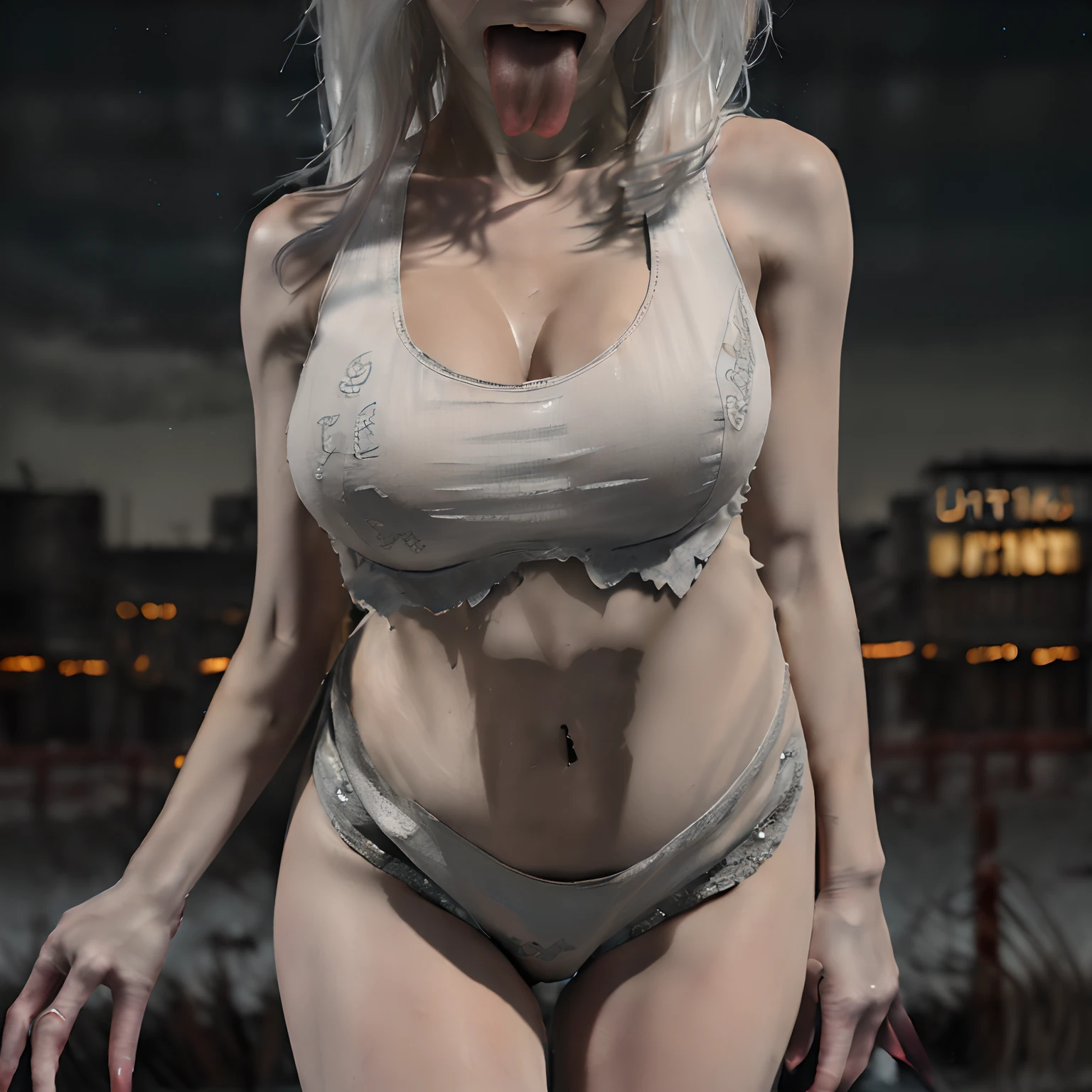 Masterpiece, best Quality, (ultra realistic portrait of WITCHL4D:1.5, zombie:1.5), (extremely detailed CG:1.2), (torn white tank top shirt:1.15, white panty:1.1, white hair:1.2, detailed ultra long shaped nail:1.75, roll her eyes back:1.85, tongue out:1.55), (detailed face:1.2, detailed eyes:1.15), Sharp Focus, (welcome hands and running to viewer:1.5, inside Abandoned building:1.3), Cinematic poster, (ultra huge breasts:1.55), (dark atmosphere:1.35),