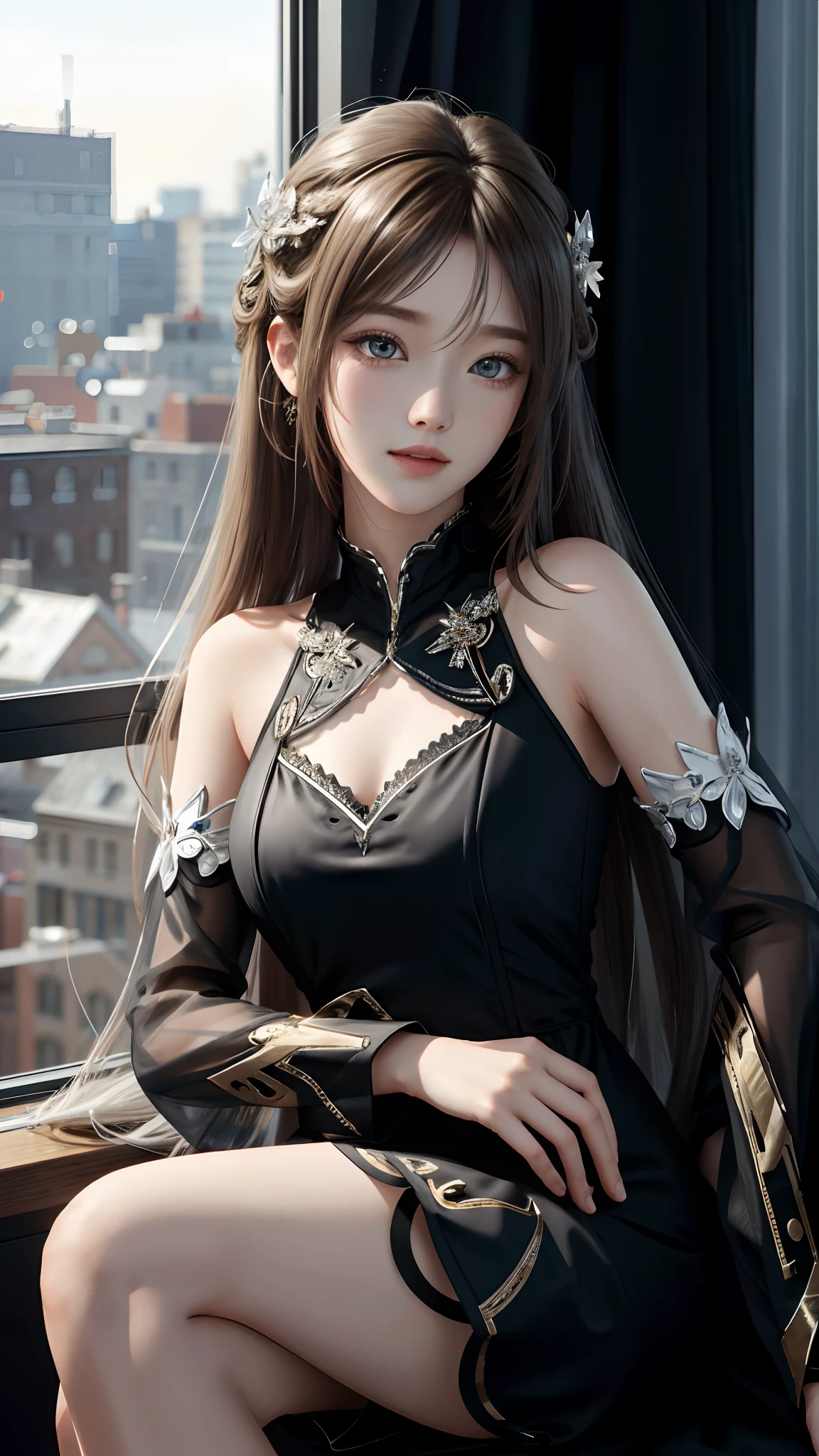 Ultra hd, 8k quality, a girl, happy, very long hair, blur dress, detailed eyes, sitting pose, unreal engine 5,