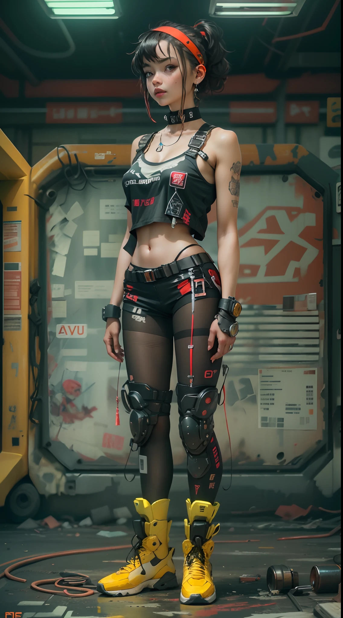 motor irreal:1.4,CG ultra realista 64K, fotorrealista:1.4, textura de la piel:1.4, obra maestra:1.4,Hermosa mujer con lingeries babydoll、Ropa corta estilo cyberpunk color amarillo, pantimedias red , mini skirt blue,