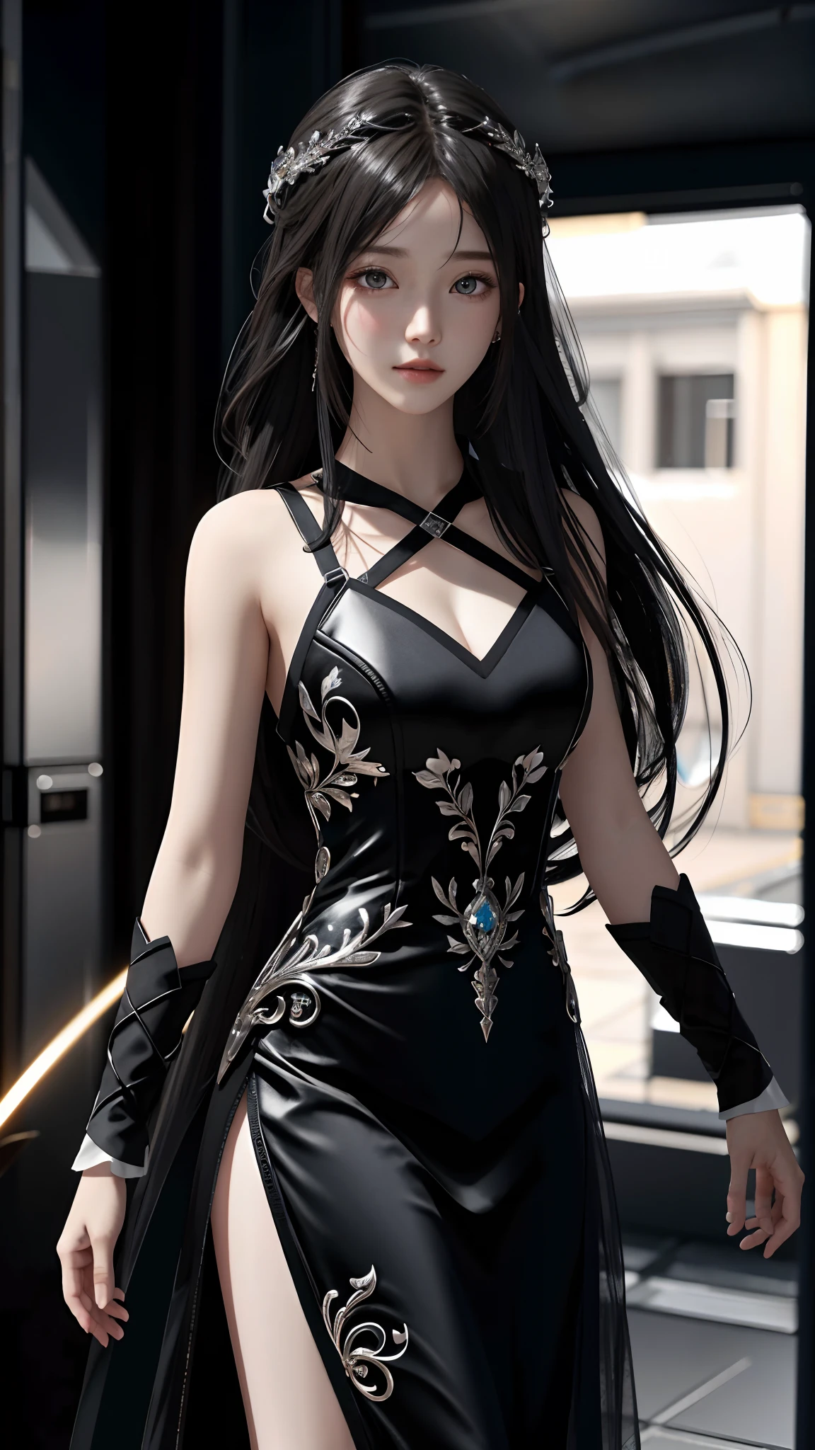 Ultra hd, 8k quality, a girl, very long hair, black blur dress, detailed eyes, front capture, unreal engine 5,