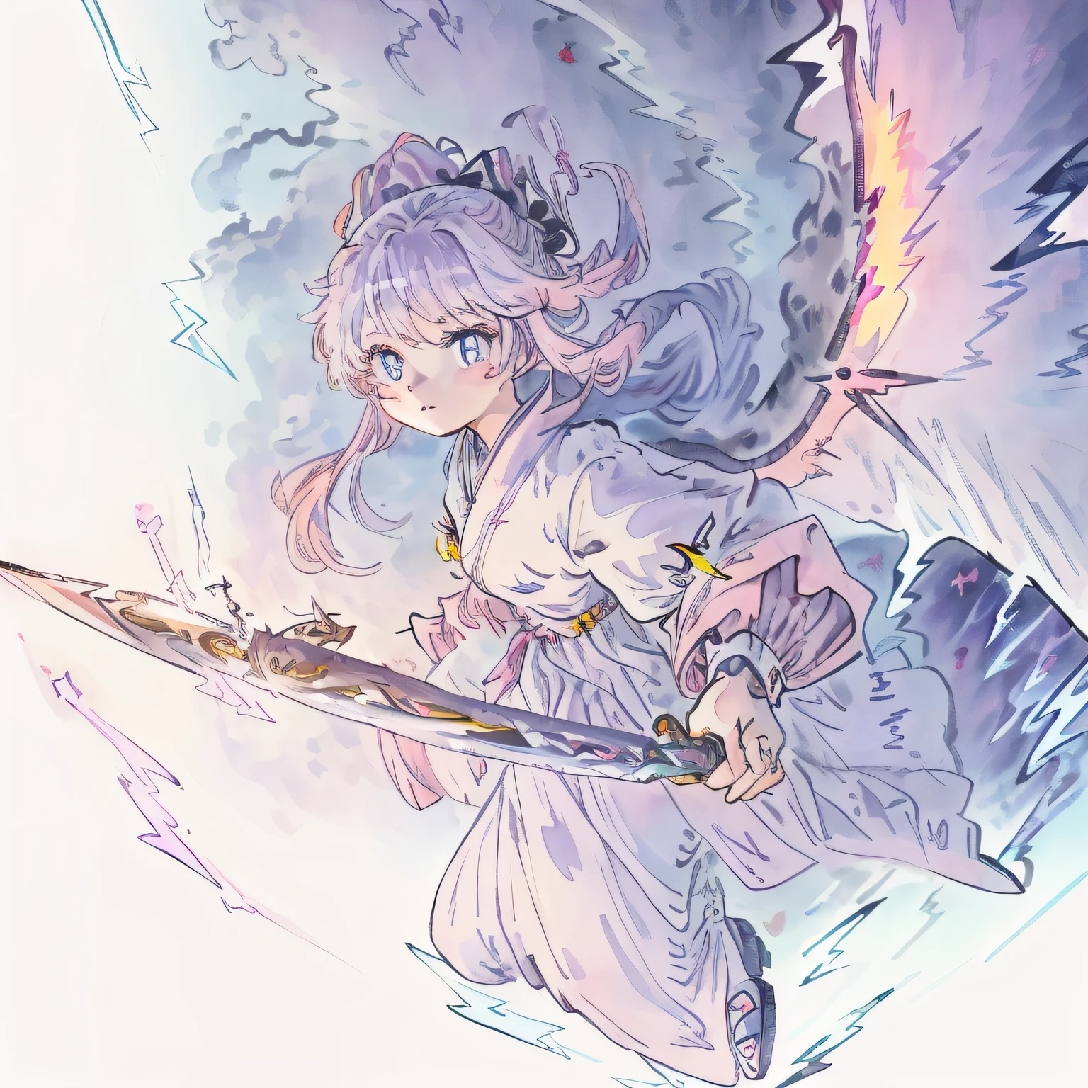 [(white background:1.4)::5],original,(illustration:1.1),(best quality),(masterpiece:1.1),(extremely detailed CG unity 8k wallpaper:1.1), (colorful:0.9),(imid shot:0.95),(full body:1.25),Dynamic angle,(solo:1.2),[Bottle bottom],((1 younger (cute) girl:1.35) with ta,(The legendary sword of lightning:1.25):1.2),(detailed beautiful eyes:1.15), (beautiful face:1.15), (glowing blue eyes:1.25////),(Silver ((pink)) gradient (disheveled:0.8) hair////),(+perfect hand+:1.21),Air bangs,Explosive lightning,(perfect sword:1.21),(((+++Lightning and Sword Interweave///))),expressionless,(Bottle bottom:0.8),(Purple flame around the wings behind the girl),(The Black Dragon King is behind the girl)