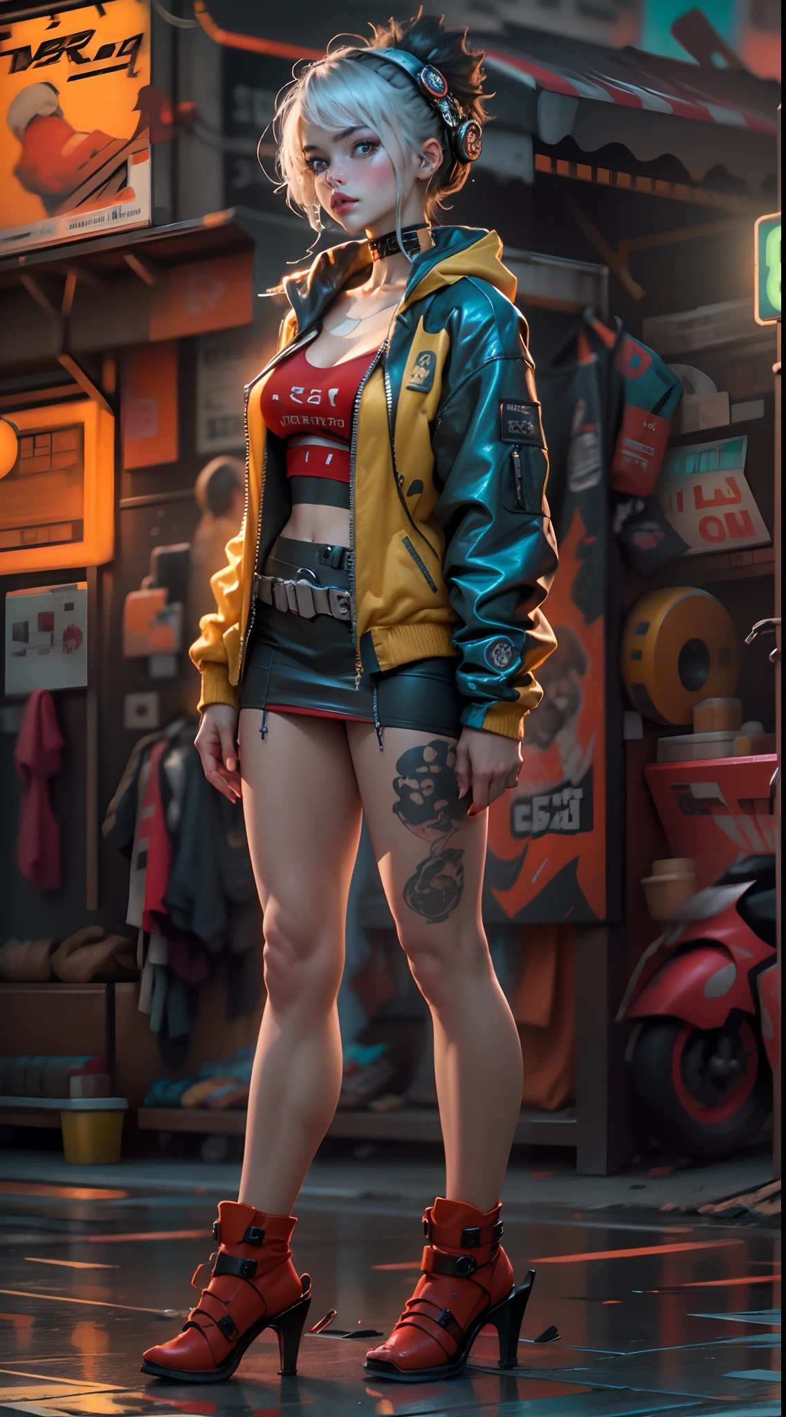 motor irreal:1.4,CG ultra realista 64K, fotorrealista:1.4, textura de la piel:1.4, obra maestra:1.4,Hermosa mujer con lingeries  babydoll、Ropa corta estilo cyberpunk color amarillo, pantimedias red , mini skirt blue,