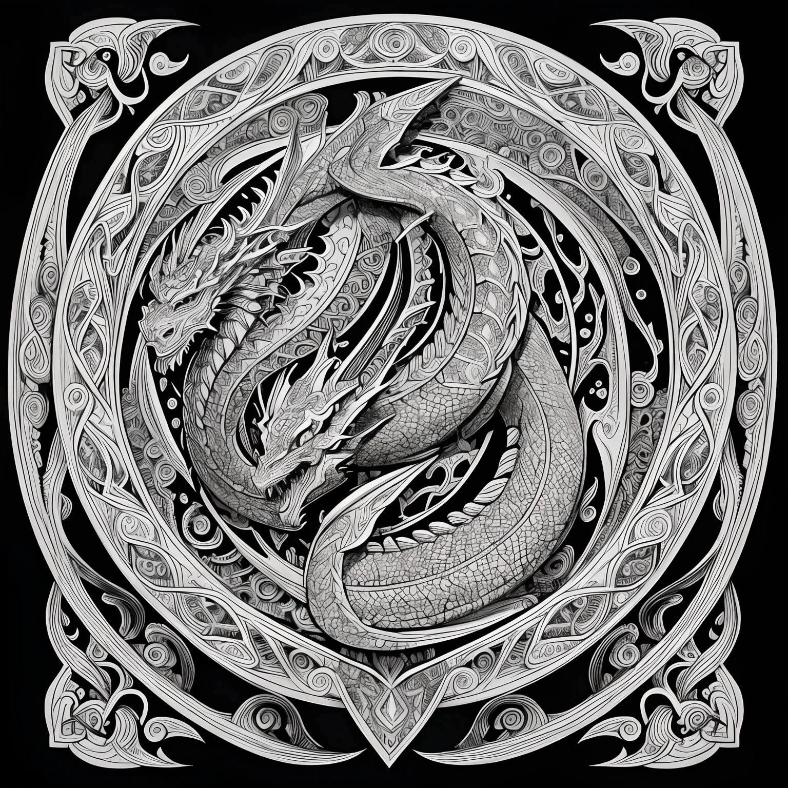 dragon, black and white, zentangle (best quality) ultra-detailed, fine line drawing, fine line art, coloring book illustration style, intricate linework, highly detailed illustration, perfect composition, beautiful and stunning, dynamic angle, high contrast, incredible shading, incredible detail, unique style, black and white details, (dark and mystical atmosphere), intricate and detailed nature elements.