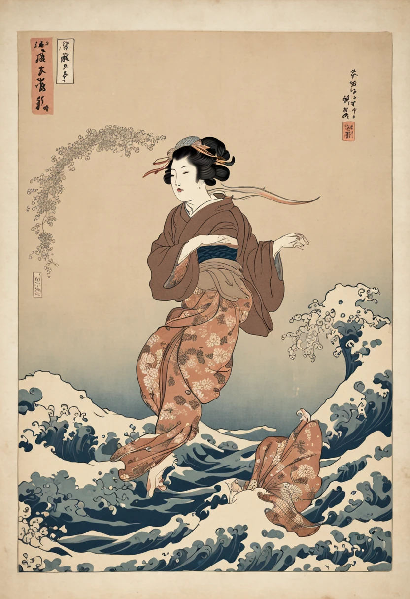 best quality, style of Hokusai, Ukiyoe, a dancing woman, (floating koi fish), flying carp