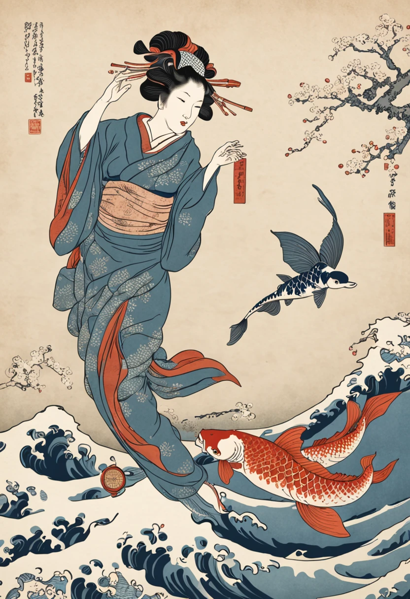 best quality, style of Hokusai, Ukiyoe, a dancing woman, (floating koi fish), flying carp