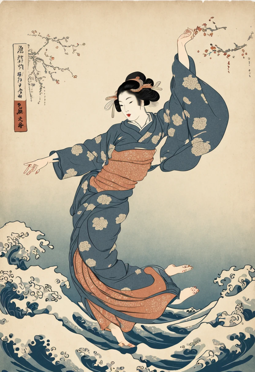 best quality, style of Hokusai, Ukiyoe, a dancing woman, (floating koi fish), flying carp
