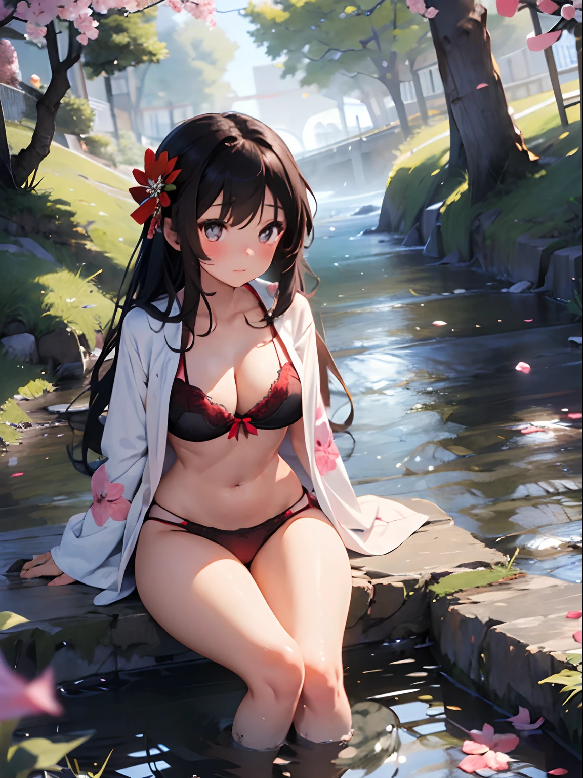 1girl, solo, beautiful, cute, perfect girl body figure, kimono, red blush, full body, flower petals, beautiful background, cleavage, big boobs, long kimino, sitting near a river with her feets in water, fishes in water, lingerie, red black bra