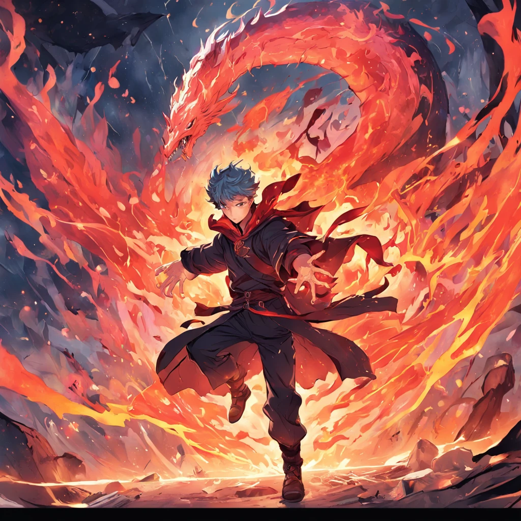 A cool battle for the Doctor. Strange's, Red flame eyes, Surrounded by vortices of magical energy , Flat illustration , Ink paint, Splash, Workclothes dragon in the background, the wallpaper