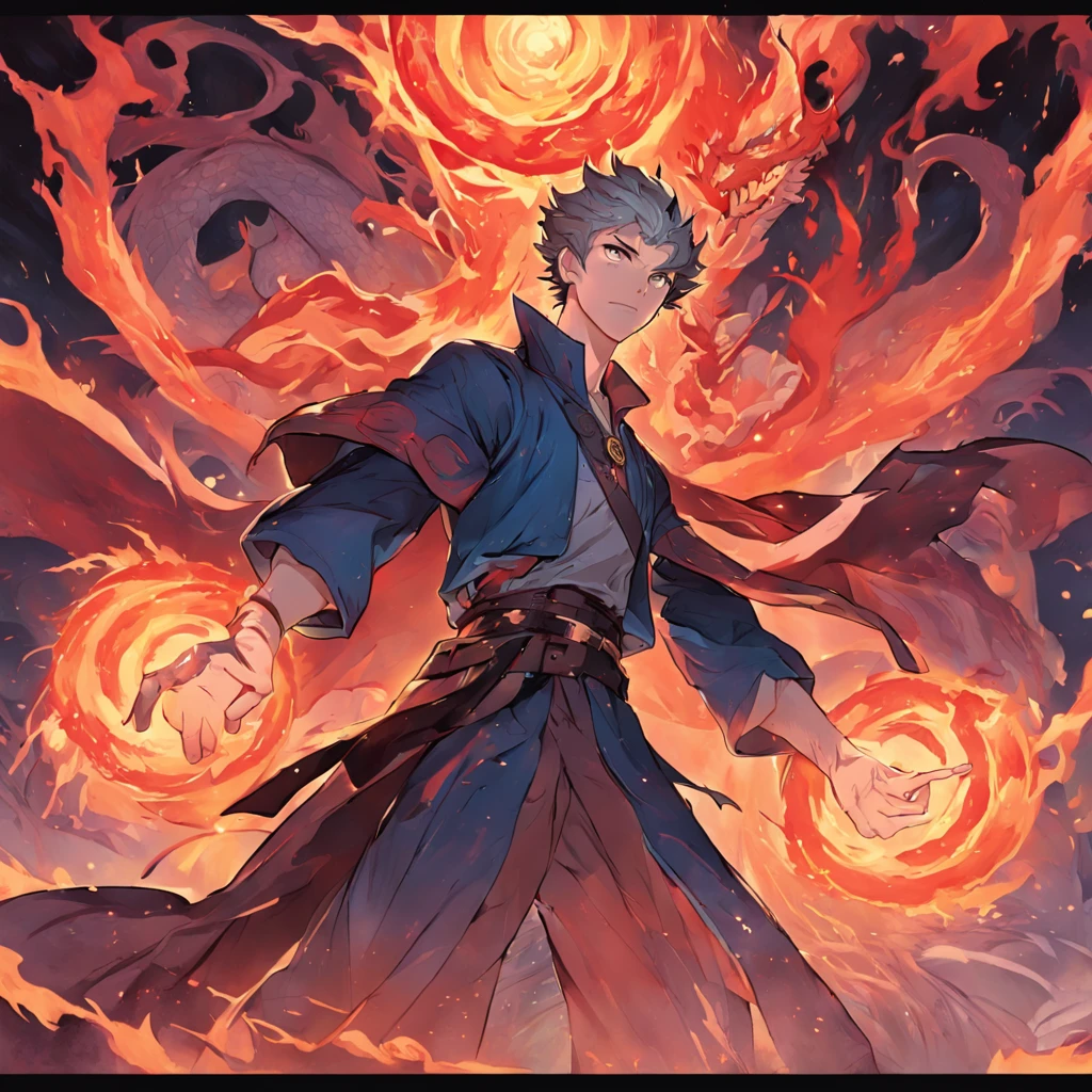 A cool battle for the Doctor. Strange's, Red flame eyes, Surrounded by vortices of magical energy , Flat illustration , Ink paint, Splash, Workclothes dragon in the background, the wallpaper