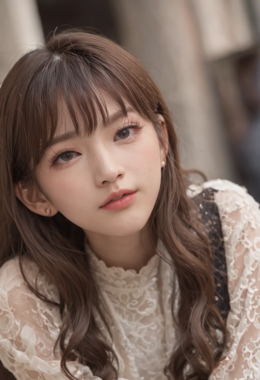 中景 the scene is,A -yeld gisits in a café,adolable,big breasts beautiful,The face is delicate,White skin,By bangs,long eyelasher,Blushlush,eye shadows,Redlip,The expression is shy,Tears in the eyes,ssmile,Perspectiva subjetiva,flatchest,being thin,cropped shoulders,shift dresses,Poor chest,胸A cup,hair messy,By bangs