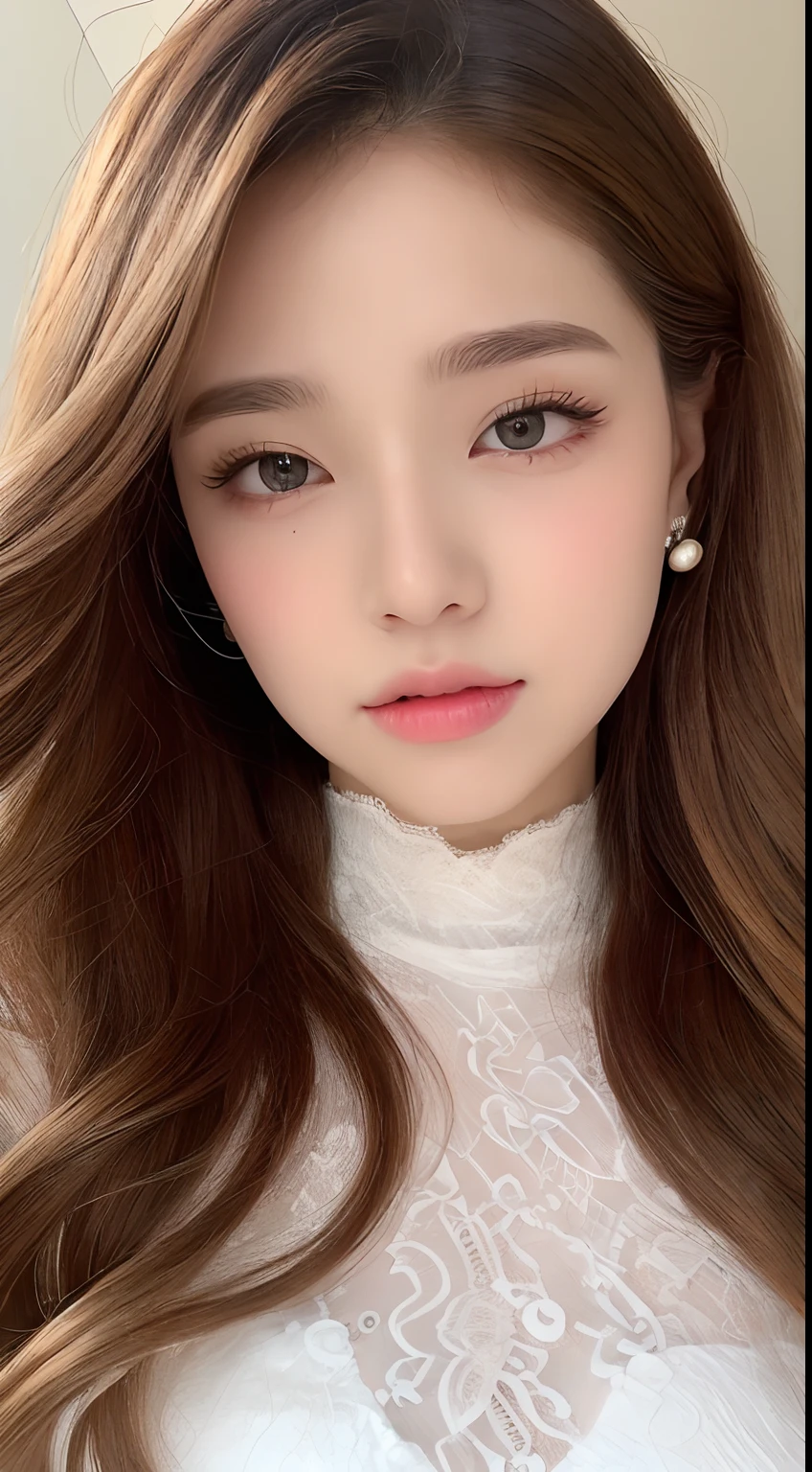 ((top-quality、8K、masterpiece:1.3))An ultra-high picture quality、realskin、Marble background、FULL BODYSHOT、1人、Beautiful woman with slender abs:1.3、(long curly hair、爆乳:1.2)、sexy facial expression、big eye、Long Sleeve White Lace High Neck Shirt:1.1、hyperdetailed face、ultradetailed eyes、super-detaild skin、Ultra detailed hands、Ultra detailed fingertip double eyelid hands on face、Korean Beauties、White lace skirt、piercings、beautiful and long legs、high-heels、Walking