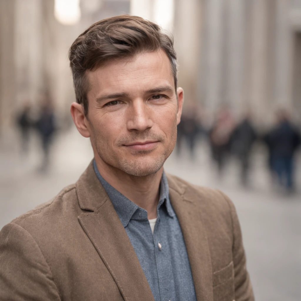 A close-up portrait of a confident and supportive 35 year's old man in a modern urban setting, captured by with a Canon 5D Mark IV camera, using an aperture of f/1.8, ISO 400, and a shutter speed of 1/200 sec. The photograph has a warm color temperature, with the subject's face illuminated by soft, natural light that creates a gentle glow on their skin. The composition emphasizes the person's expression of trust and encouragement, with a focus on their eyes that reflect wisdom and compassion. The overall atmosphere of the photo is uplifting and empowering, conveying a sense of strong emotional connection and unwavering support.