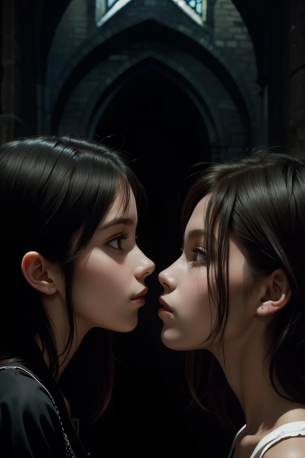 2girls, 90's, face to face, looking at each other, (from side), (eye contact), one girl looking from bottom, touching  face, portrait, very skinny body, old broken church background, dark atmosphere, darkness