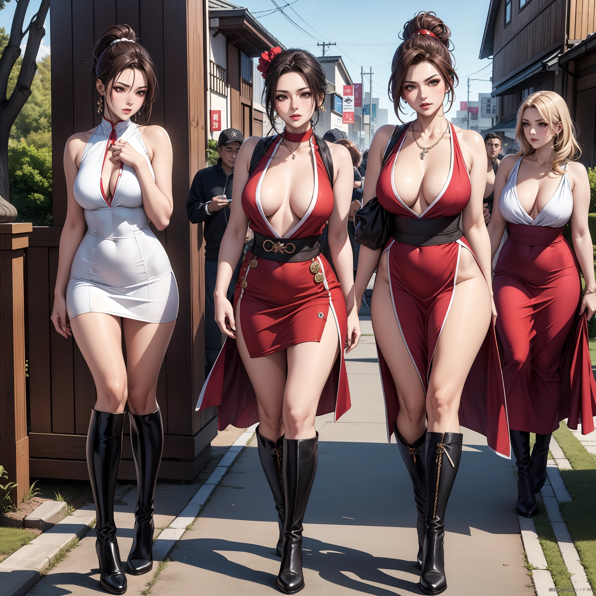 mai shiranui、((Beautiful assassin))1.2, Bare shoulders, Brown High Ponytail, Brown eyes, hair tie, Heavy makeup, 1 persons、（60 years old、nasolabial folds）：1.2, Slim Face、Japan mature woman, 8K, Perfect beauty: 1.4, ((Small breasts:1.2)) , Slim abs: 1.3、Thin leg：1.0、Nikon Z 85mm, ((Best Quality)) ,((masutepiece)), intricate detailes, Professional, Realistic, Real life, Photorealistic, ighly detailed、 Full body, stylish hair, Glowing eyes, Shiny skin, big breasts thin waist, Extremely delicate and beautiful,  Perfect clavicle, Detailed eyes, ((No bra)), ((Wide Open Chest Red Mini Dress)),a necklace、（Walk through fierce battlefields outdoors:1.2）, Beautiful eyelids、Hair Ornament, ear ornament、Knee high long boots with high pin heel：1.0、full body photographed：1.0、Longsword in one hand、Gothic revolver in one hand、 fighting poses、