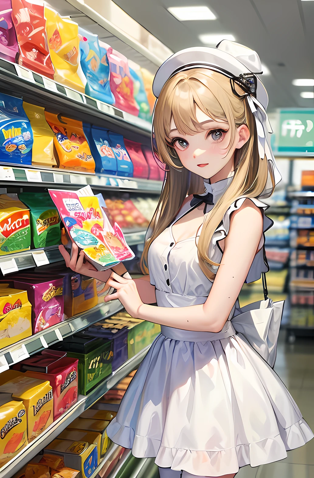 There is a woman in a store with a dog in the aisle, wearing white skirt, White miniskirt, stood in a supermarket, wearing a wet white short dress, wearing honey - themed miniskirt, Wearing white tights, white skirt and barechest, juicy legs, Wearing a cute white dress, Anime Barbie in white stockings, wearing white dress, wearing white outfit, Girl and summer farewell