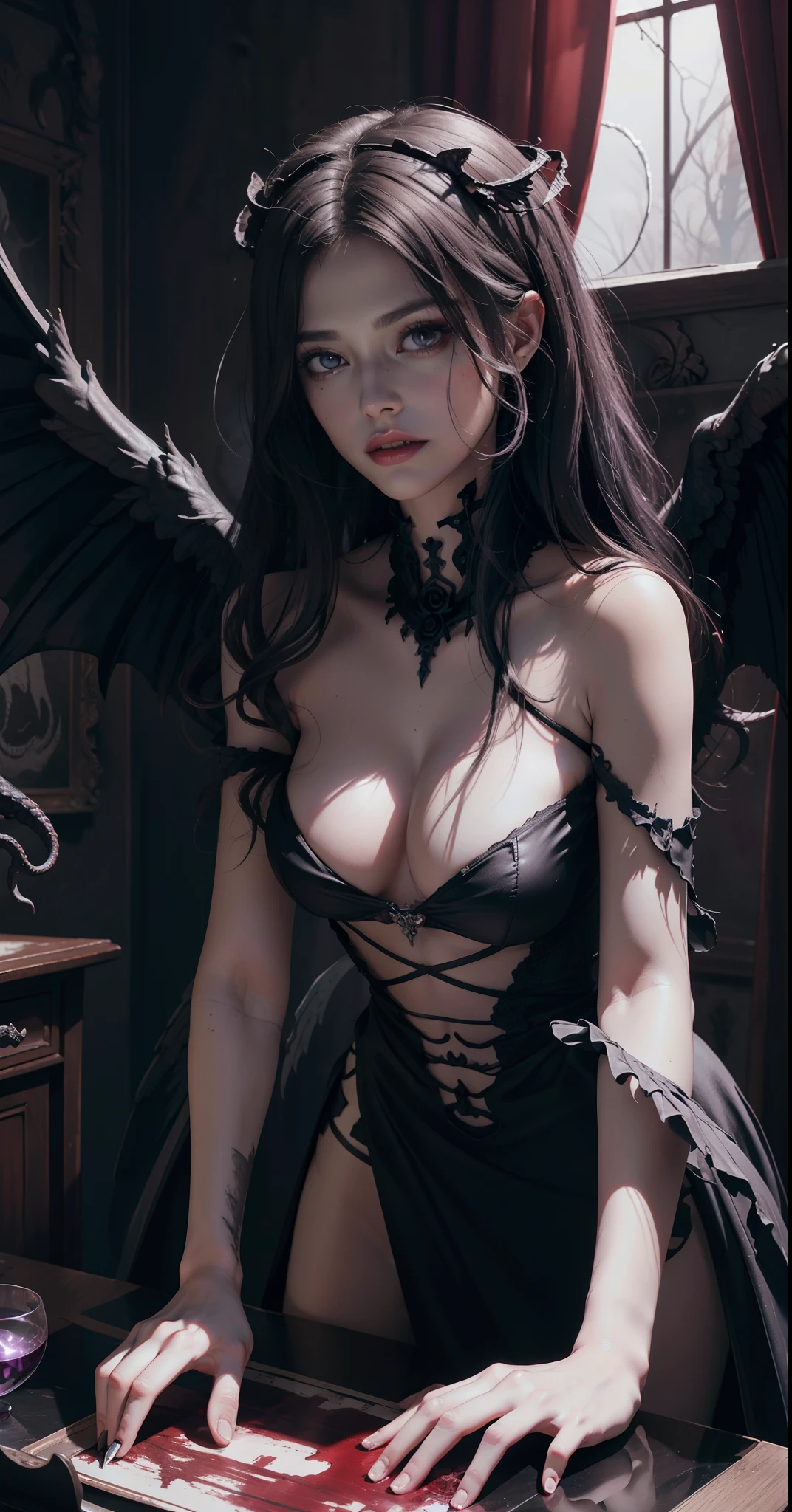 Fine matte paint,Skeleton Dark Angel, Haunted castle with large wings, Fill the drawing table with a knife,terroral,uncanny,horrid,secret terror,tentaculata,grape trees,The eye,uncanny valley effect teeth,all fours,Critters,Blood Moon,super high image quality,Sexy beauty,The picture quality is clear