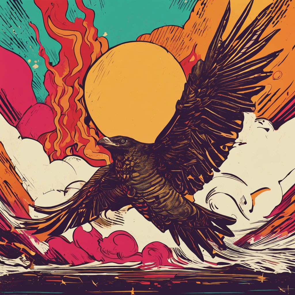 A close-up of a bird flying through the air with a fire in the background, eery, Portada detallada, Ilustraciones oficiales, energy,Evil, Perennifolio, Arte Emergencia, Arte clave. estilo andy warhol