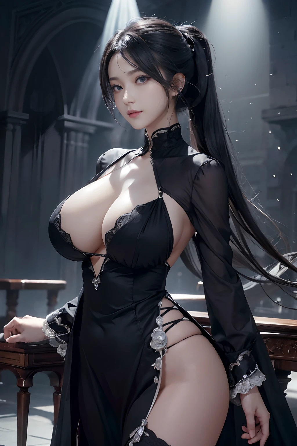 (A hyper-realistic)、(illustratio)、(hight resolution)、(8K)、(ighly detailed)、(Best Illustration)、(beautifully detailed eyes)、(top-quality)、(ultra-detailliert)、(masterpiece)、(Gorgeous stage)、(详细的脸)、独奏、 1 人、Viewer's Perspective、detaileds、详细的脸、Dark、deep-shadows、lowkey、pureerosfaceace_v1、A smile、Colossal tits、Ultra High Leg Black and White Studded、accessorized、Pony tail、(Hair color is gray lavender)、big breasts thin waist、Beautiful body curves、Ultra-fine makeup、Ultra-fine garment materials、