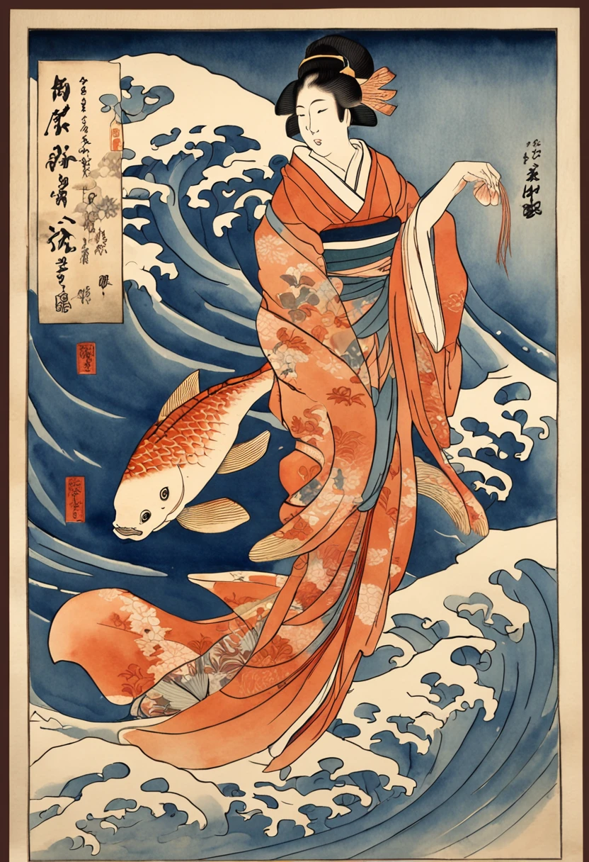 best quality, style of Hokusai, Ukiyoe, a dancing woman, (floating koi fish), flying carp