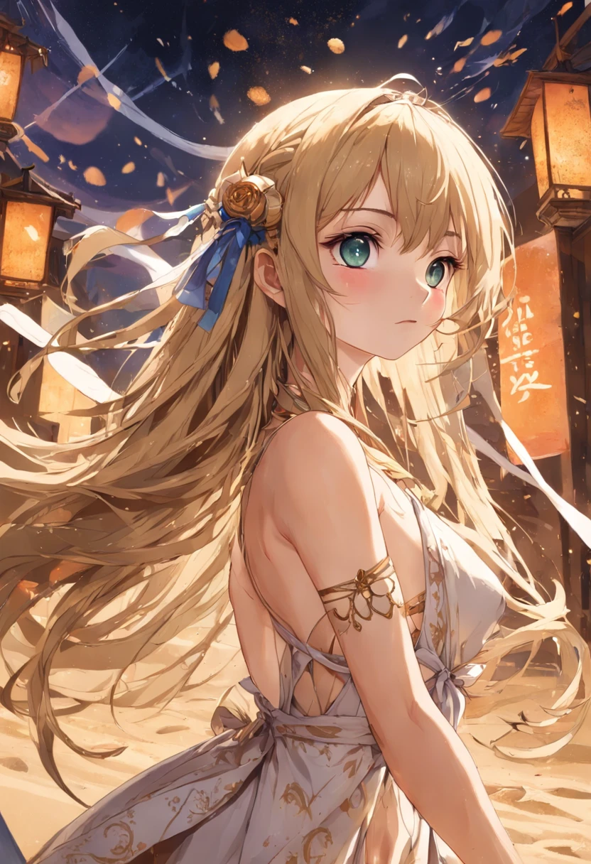cinematic lighting, ((best quality)),((extremely_detailed_eyes_and_face)),((((ink)))),((illustration)),depth of field,((extremely detailed)),((watercolor)),((anime face)),(((dramatic_angle))),medium_breast,(8k_wallpaper),((bright_eyes)), (looking_at_viewers),(an detailed organdie dress),(((((very_close_to_viewers))))),((sleepy)),((masterpiece)),((((((surrounded_by_heavy_floating_sand_flow_and_floating_sharp_stones)))))),(((((messy_long_hair))))),((((veil)))),focus_on_face,(upper_body),(bare_shoulder),((((1girl)))),(golden_bracelet),(long yarn),((sunset)),lens_flare,light_leaks,((detailed_beautiful_desert_with_cactus)),medium_wind,(detailed_beautiful_sky)