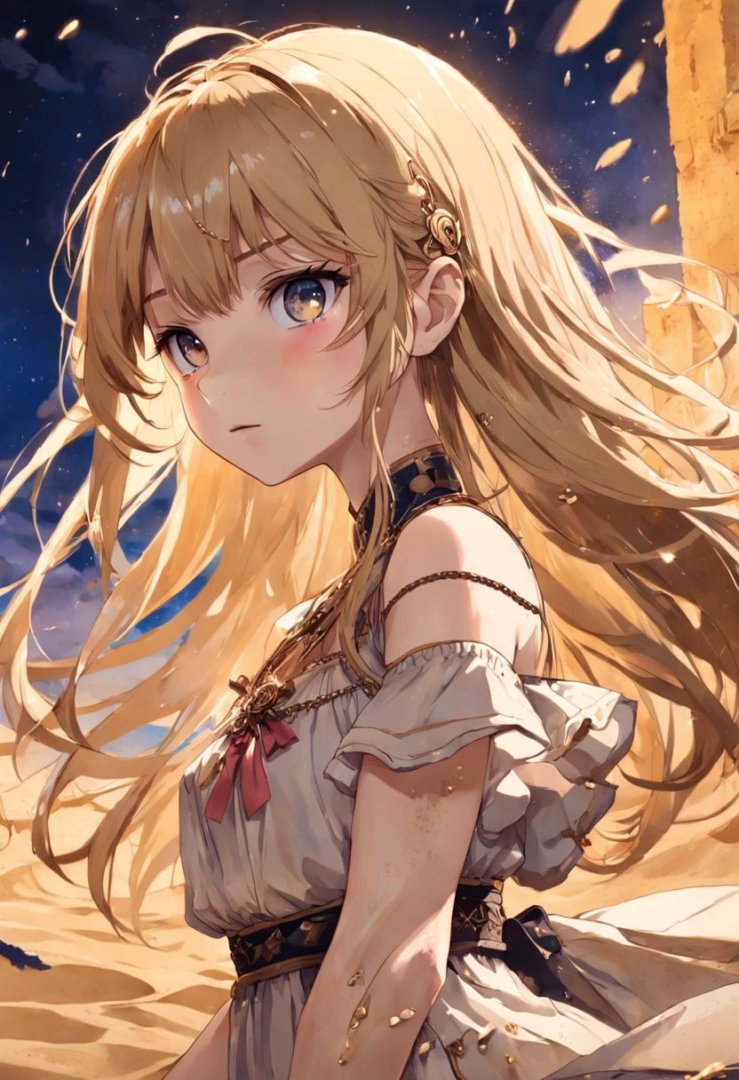 cinematic lighting, ((best quality)),((extremely_detailed_eyes_and_face)),((((ink)))),((illustration)),depth of field,((extremely detailed)),((watercolor)),((anime face)),(((dramatic_angle))),medium_breast,(8k_wallpaper),((bright_eyes)), (looking_at_viewers),(an detailed organdie dress),(((((very_close_to_viewers))))),((sleepy)),((masterpiece)),((((((surrounded_by_heavy_floating_sand_flow_and_floating_sharp_stones)))))),(((((messy_long_hair))))),((((veil)))),focus_on_face,(upper_body),(bare_shoulder),((((1girl)))),(golden_bracelet),(long yarn),((sunset)),lens_flare,light_leaks,((detailed_beautiful_desert_with_cactus)),medium_wind,(detailed_beautiful_sky)