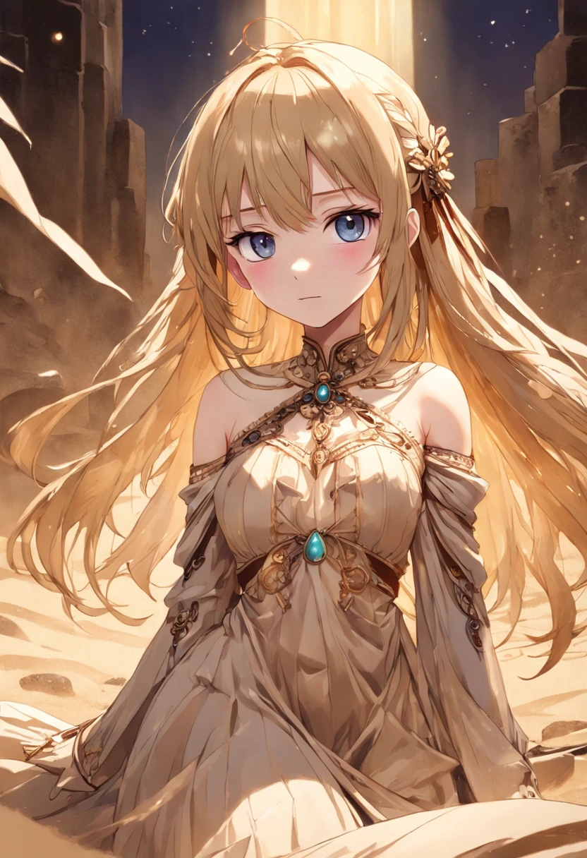 cinematic lighting, ((best quality)),((extremely_detailed_eyes_and_face)),((((ink)))),((illustration)),depth of field,((extremely detailed)),((watercolor)),((anime face)),(((dramatic_angle))),medium_breast,(8k_wallpaper),((bright_eyes)), (looking_at_viewers),(an detailed organdie dress),(((((very_close_to_viewers))))),((sleepy)),((masterpiece)),((((((surrounded_by_heavy_floating_sand_flow_and_floating_sharp_stones)))))),(((((messy_long_hair))))),((((veil)))),focus_on_face,(upper_body),(bare_shoulder),((((1girl)))),(golden_bracelet),(long yarn),((sunset)),lens_flare,light_leaks,((detailed_beautiful_desert_with_cactus)),medium_wind,(detailed_beautiful_sky)